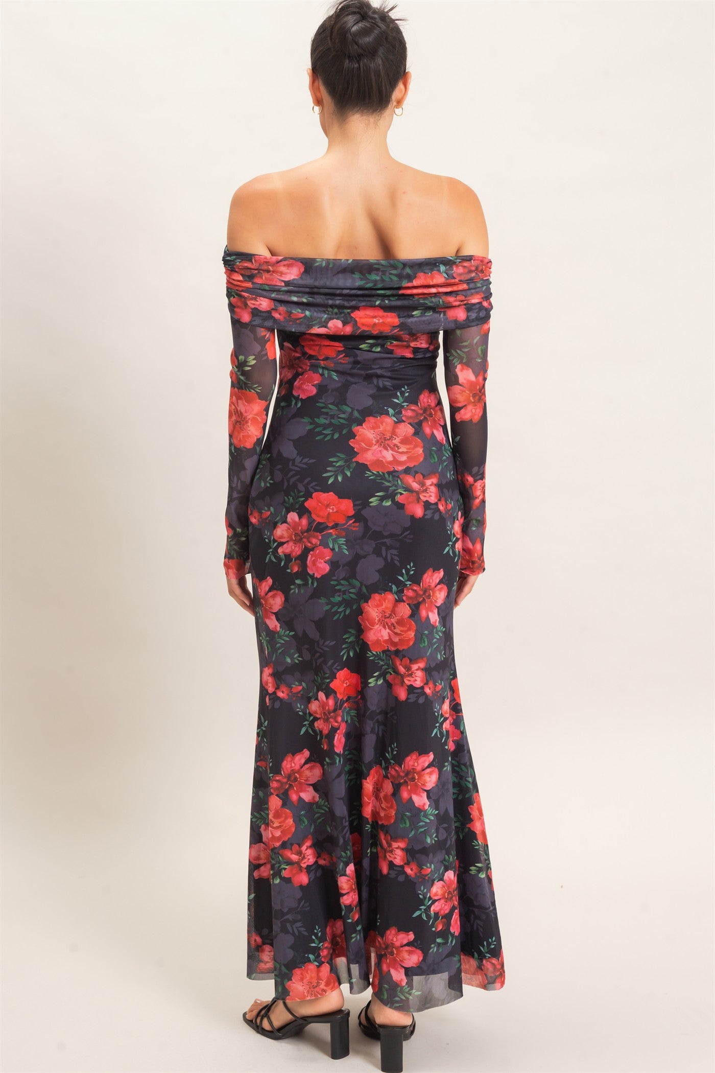 Wholesale Off Shoulder Floral Mesh Dress Dresses HF26E008 BLACK HYFVE