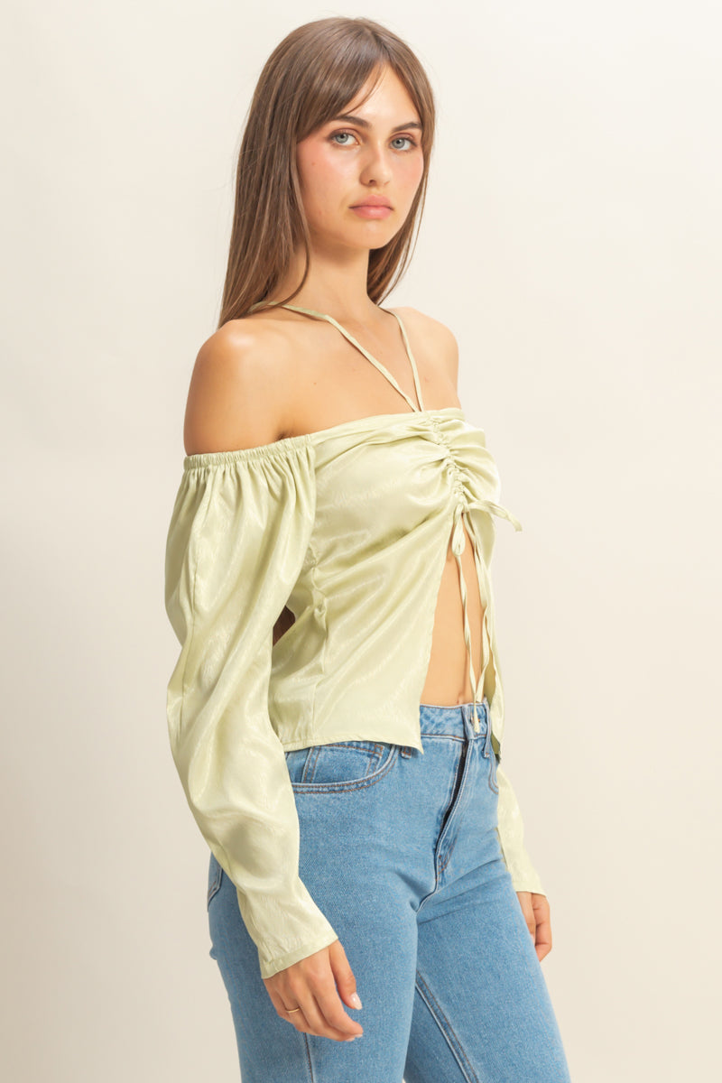 Wholesale Tie-Front Off-Shoulder Blouse Clothing Tops FS22E859 SAGE HYFVE