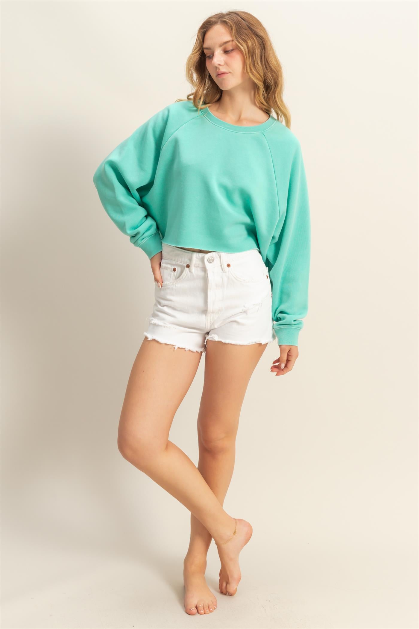 Wholesale Laid Back Crop Sweatshirt Sweatshirts DZ25C445 TURQUOISE DOUBLE ZERO
