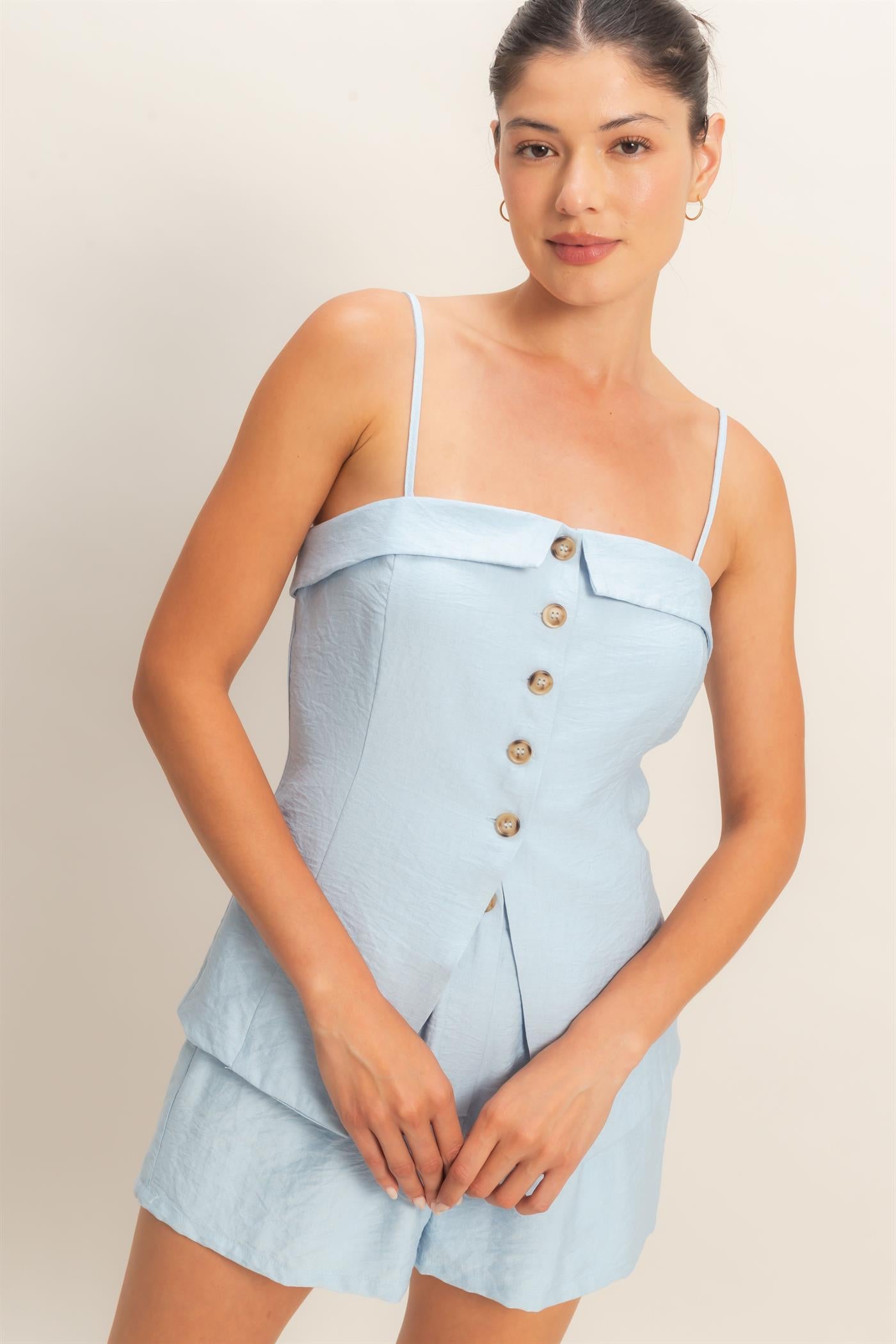 Wholesale Strap Buttoned Top And Shorts Set Clothing DZ26C115-SET ICE BLUE HYFVE