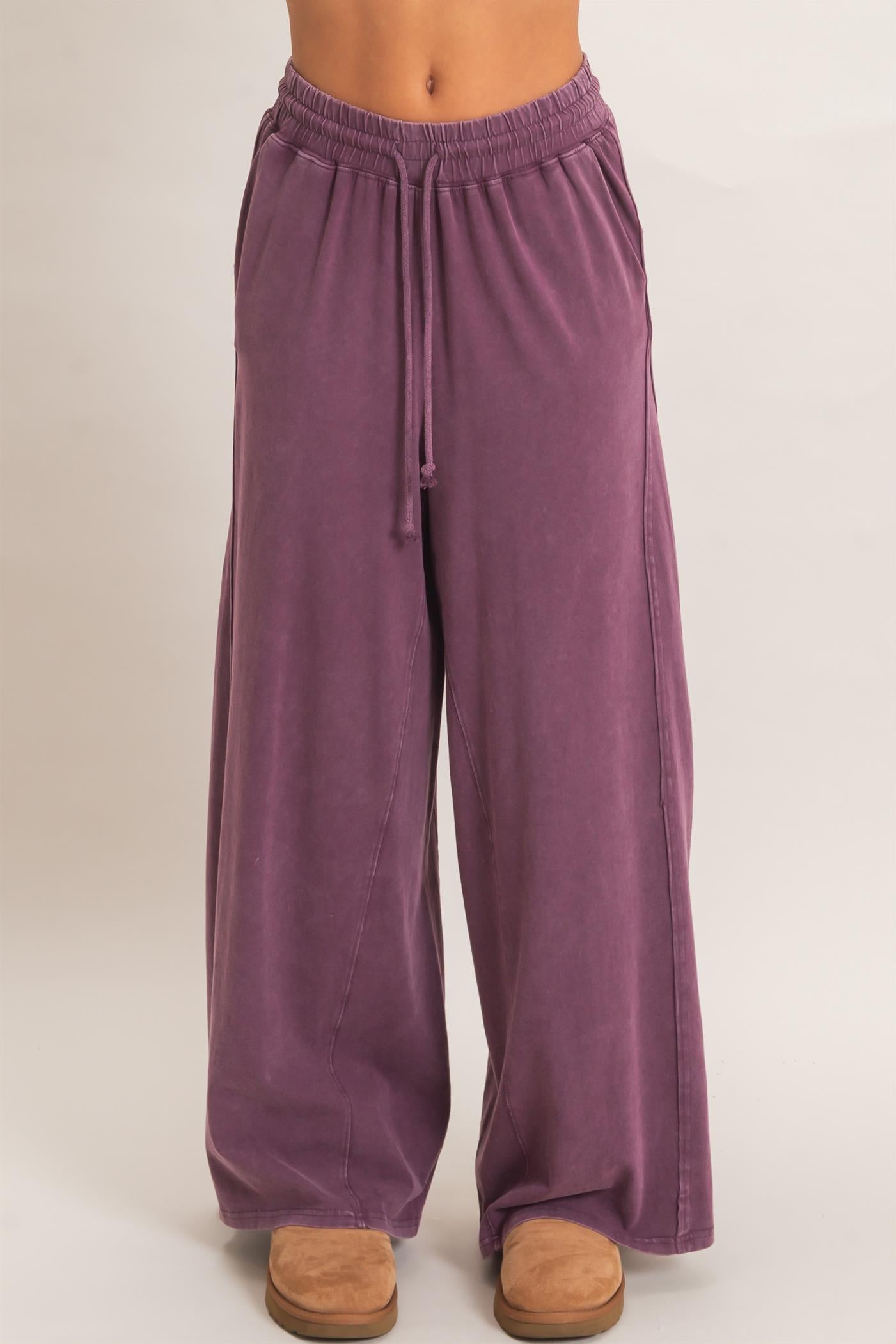 Wholesale Wide Leg Mineral Wash Pants Pants DZ26F406 DARK CHERRY DOUBLE ZERO