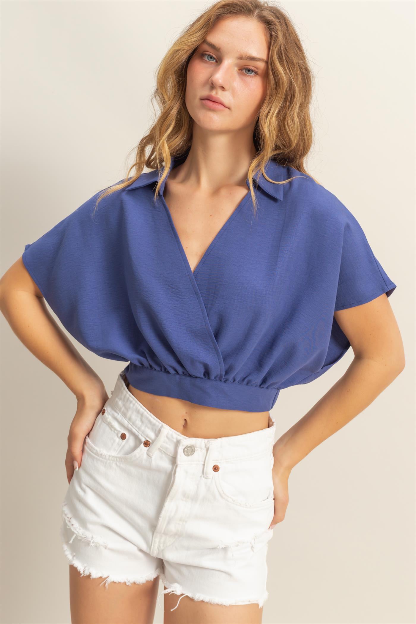 Wholesale Casual Batwing Sleeves Surplice Top Blouses DZ25C243 DUSTY INDIGO DOUBLE ZERO