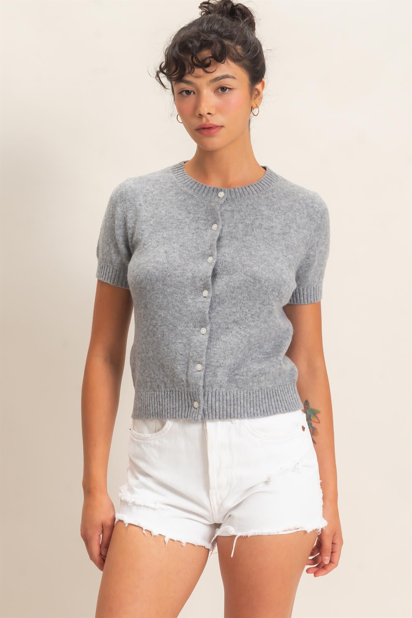 Wholesale Crew Neck Short Sleeve Cardigan Cardigans DZ26E108 HEATHER GRAY DOUBLE ZERO