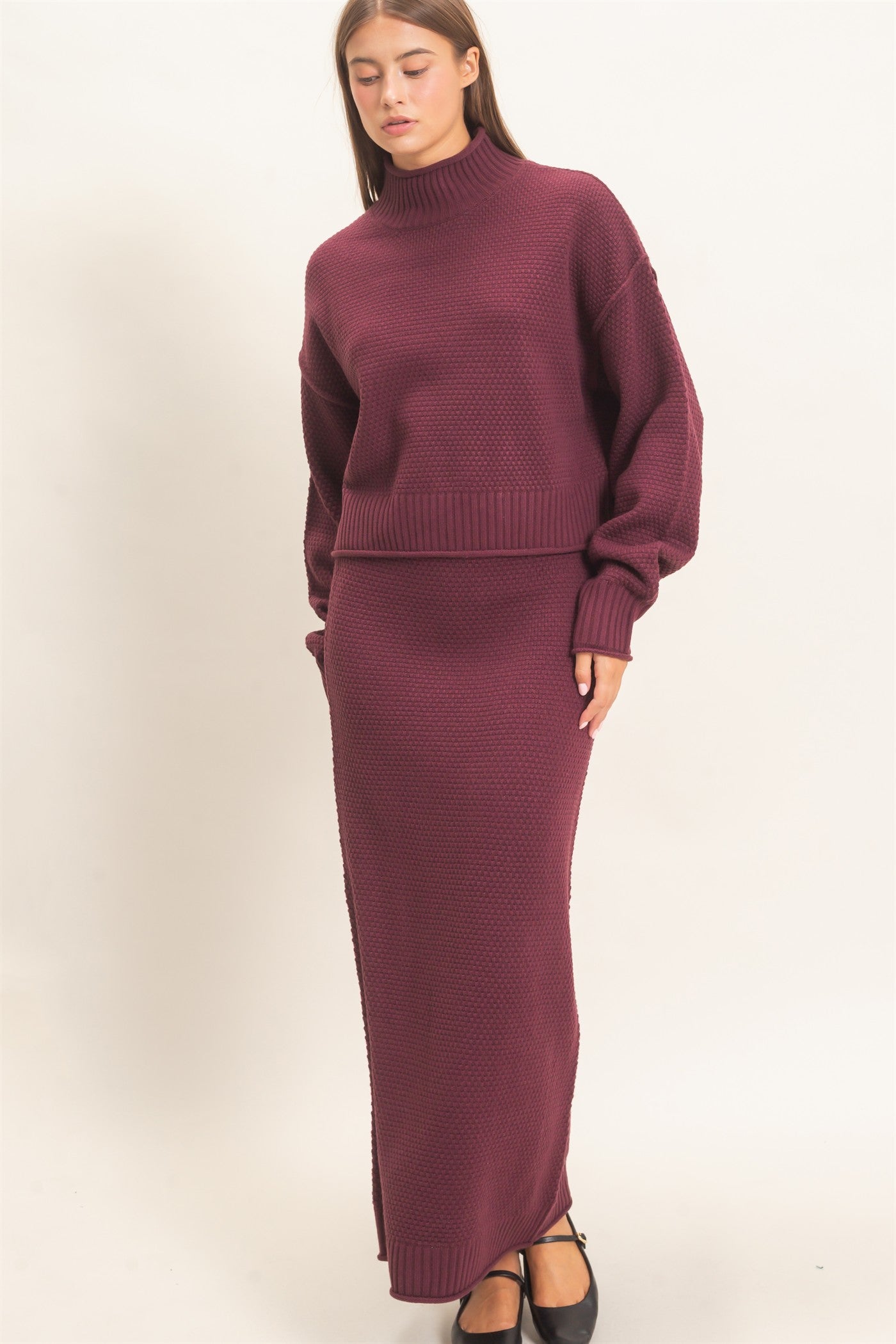 Wholesale High Neck Long Sleeve Top & Maxi Skirt Set Clothing DZ26E272-SET DARK CHERRY DOUBLE ZERO