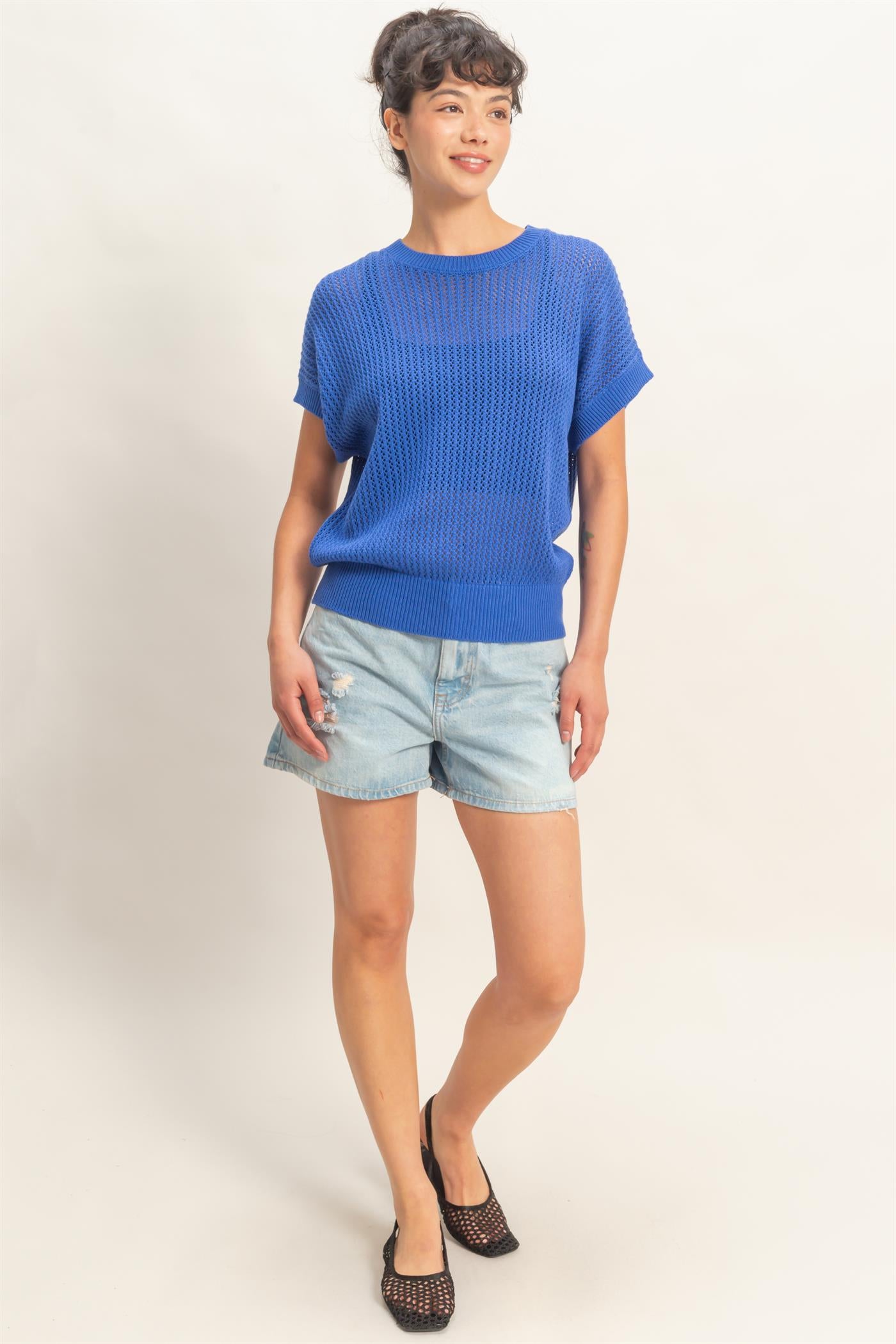 Wholesale Open-Knit Dolman Sleeve Top Clothing Tops DZ26A334 COBALT DOUBLE ZERO