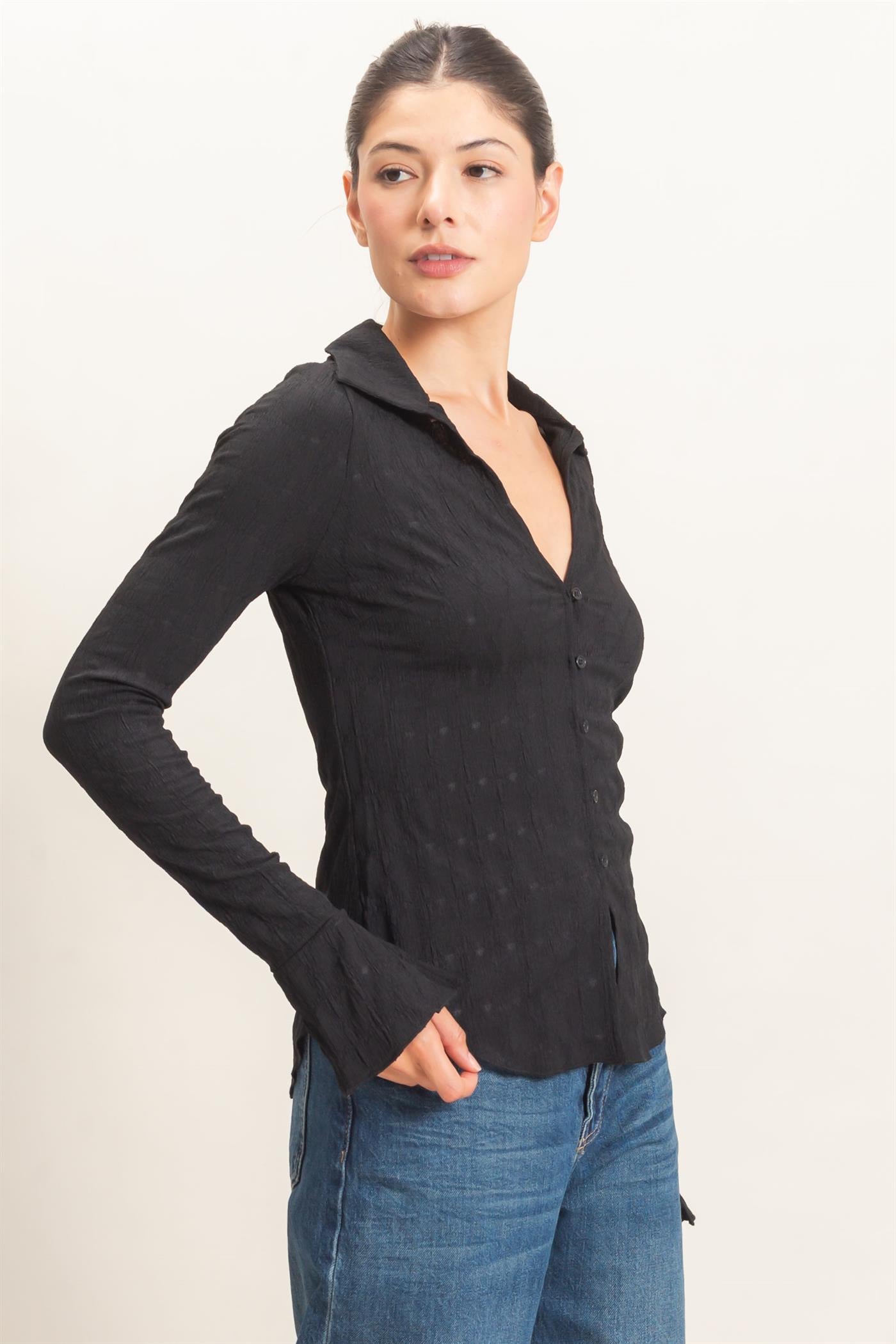 Wholesale Textured Button-Up Collared Top Shirts HF26E062 BLACK HYFVE