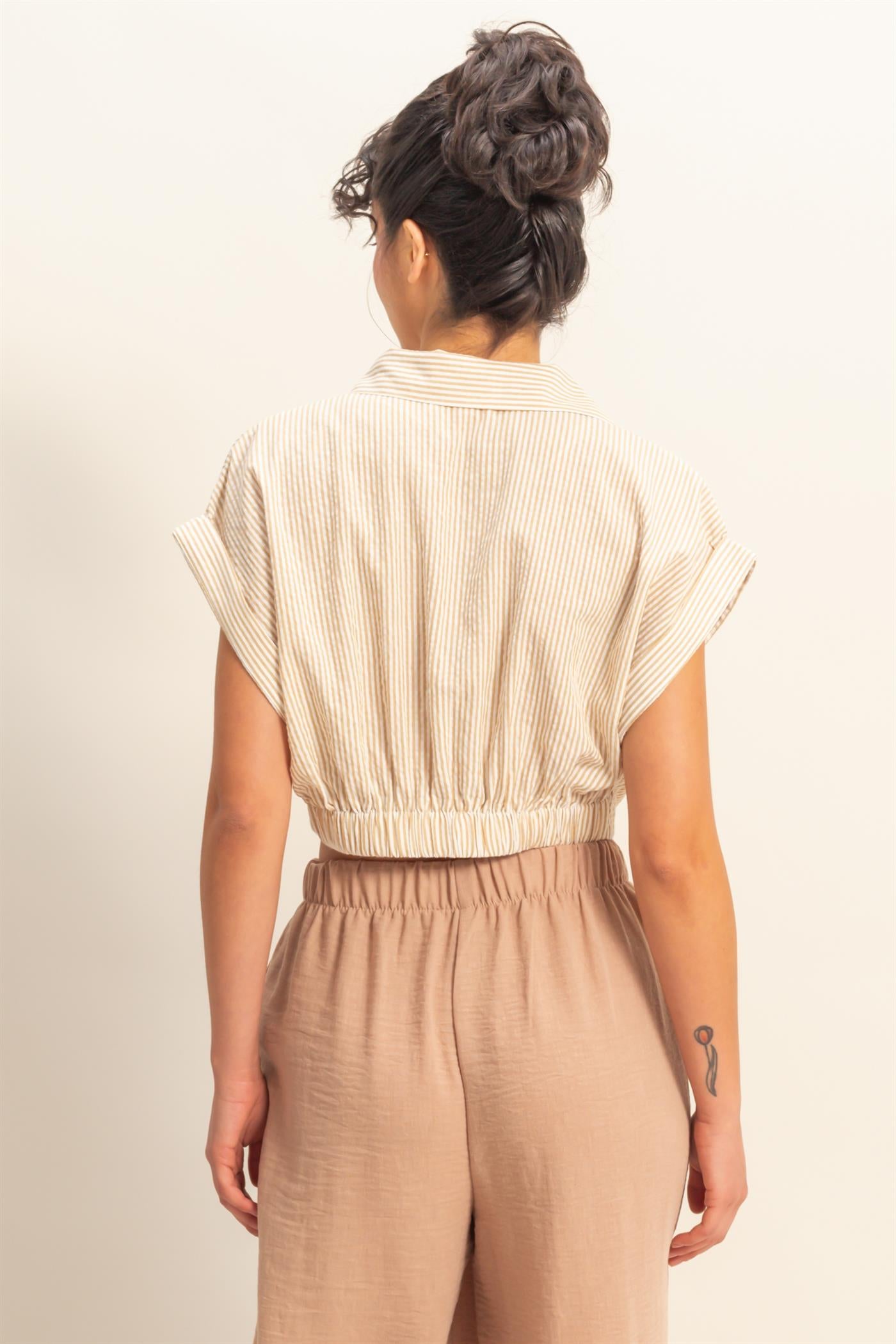Wholesale Striped Short Sleeve Cropped Top Blouses DZ25C431 TAUPE/WHITE DOUBLE ZERO
