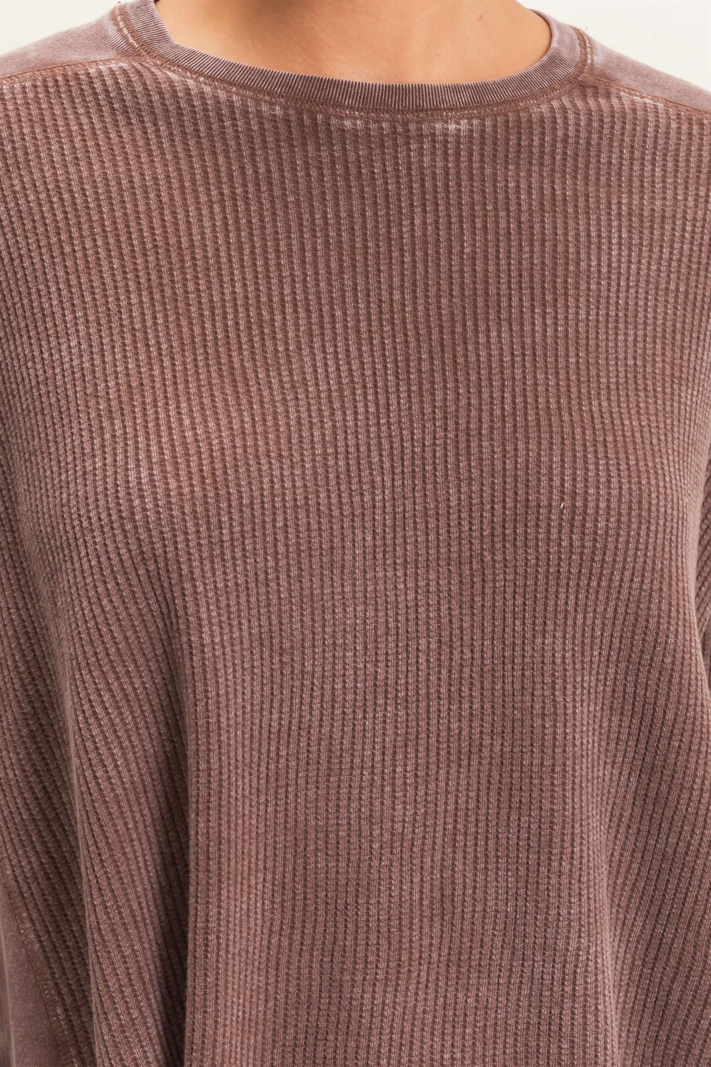 Wholesale Oversized Mineral Washed Waffle Knit Top Clothing Tops DZ26E654 DARK BROWN DOUBLE ZERO