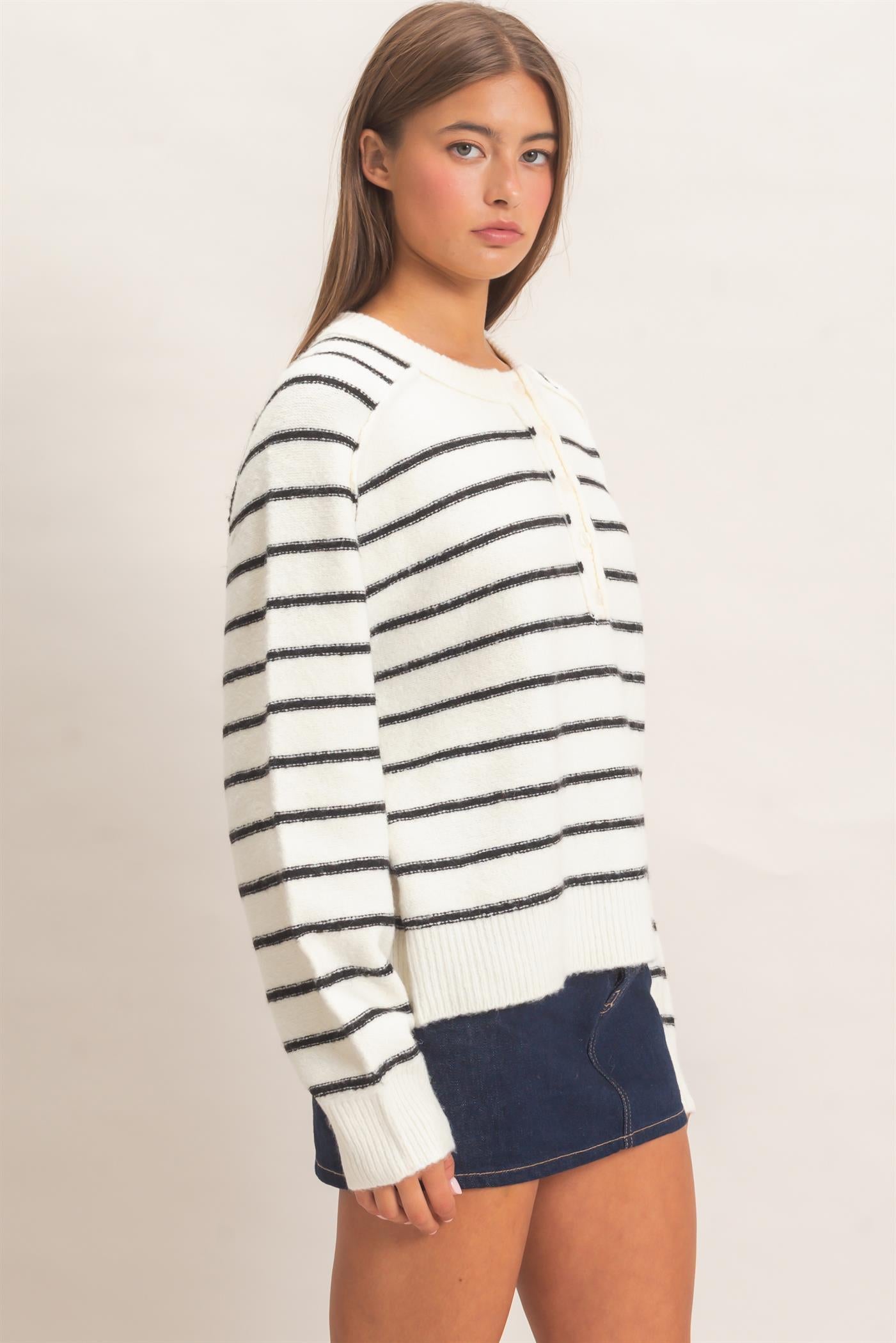 Wholesale Stripe Henley Sweater Sweaters DZ26F002 CREAM DOUBLE ZERO