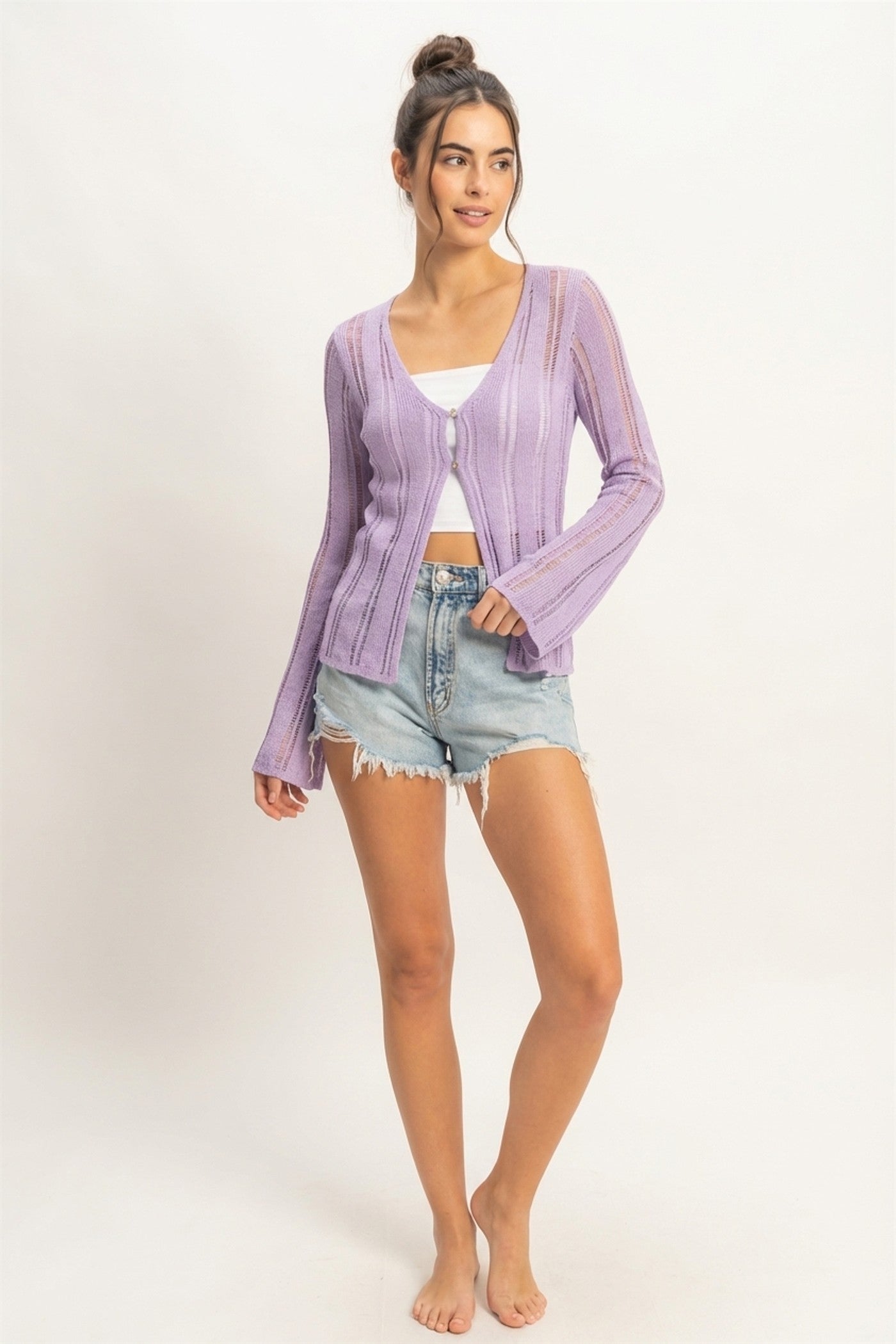 Wholesale Open Knit Cardigan Clothing Tops DZ24A501 LAVENDER DOUBLE ZERO