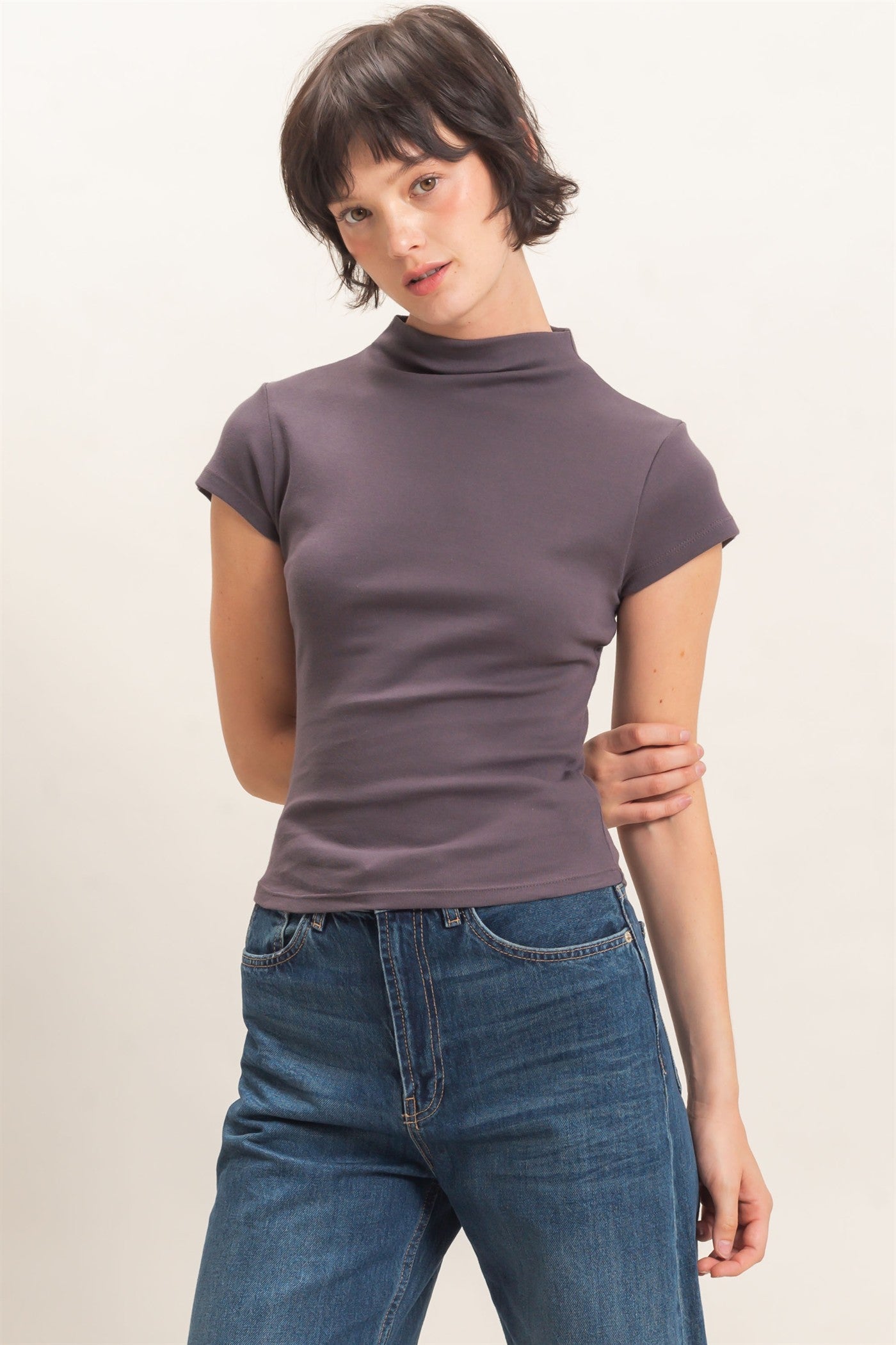 Wholesale Mock Neck Cap Sleeve Top Clothing Tops DZ26E323 CHARCOAL DOUBLE ZERO