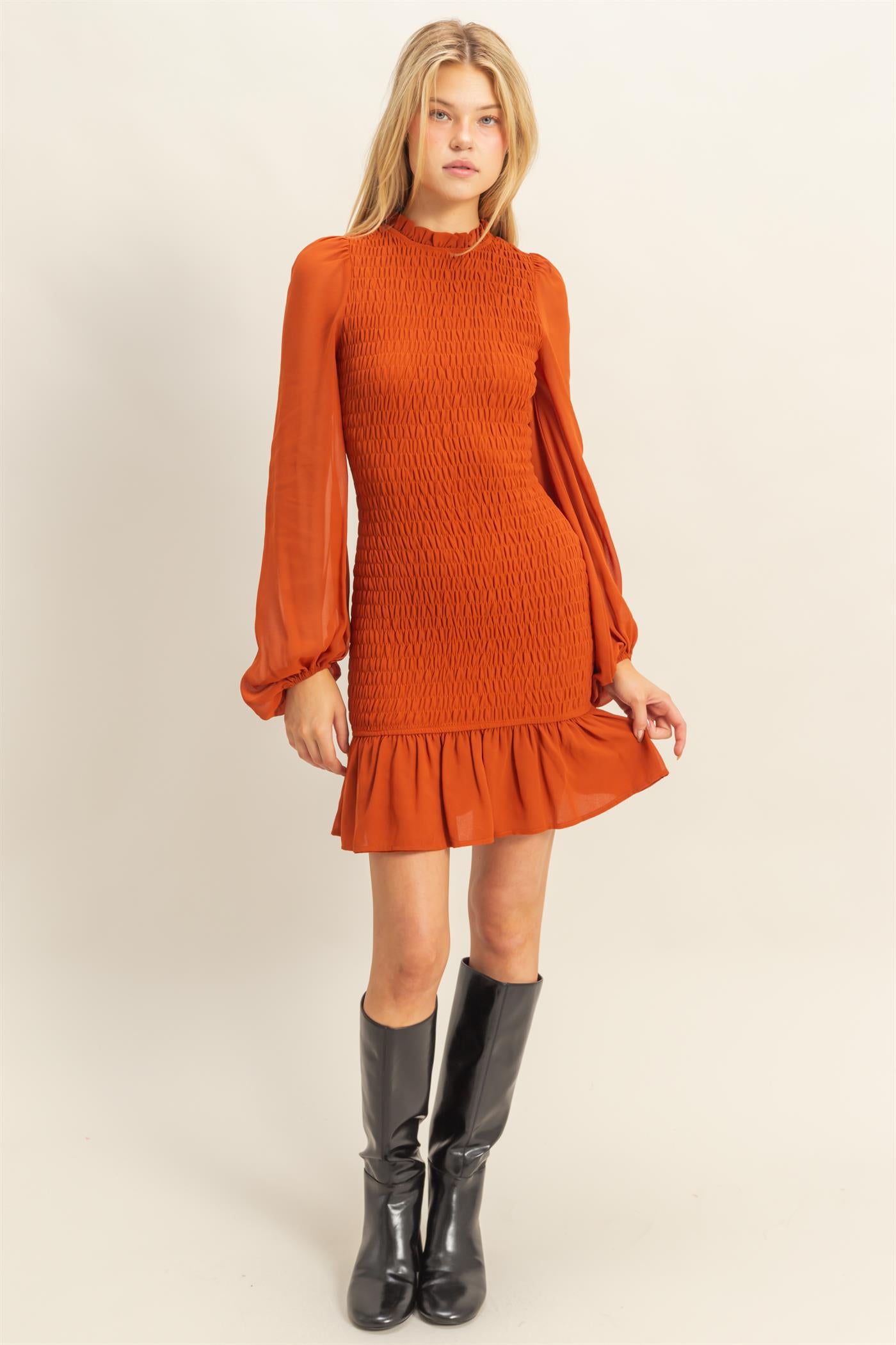 Wholesale Smocked Ruffled Mini Dress Dresses HF23G430 BROWN HYFVE