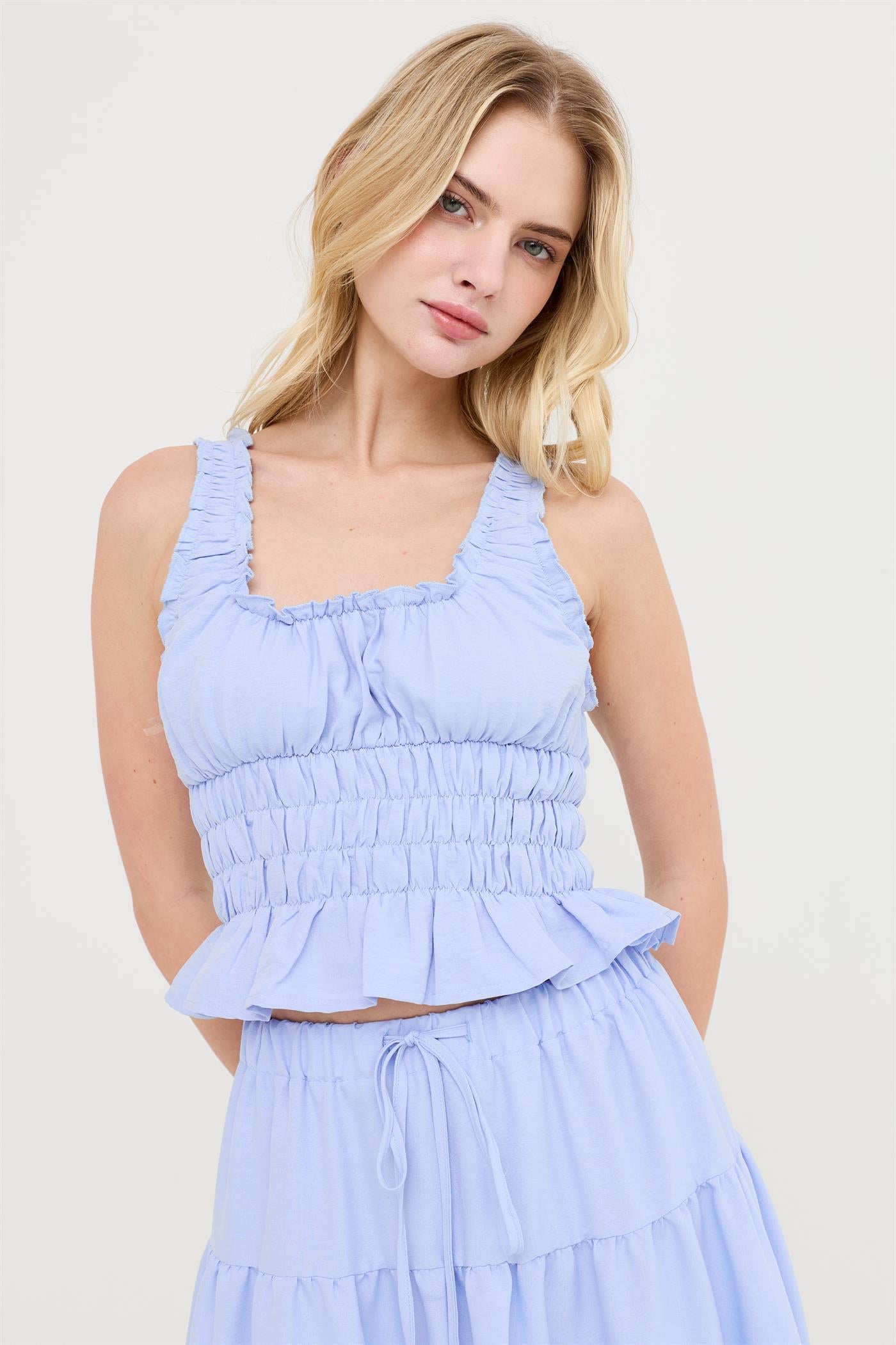 Wholesale Ruched Square Neck Smocked Top Clothing Tops HF26E388-D BLUE HYFVE