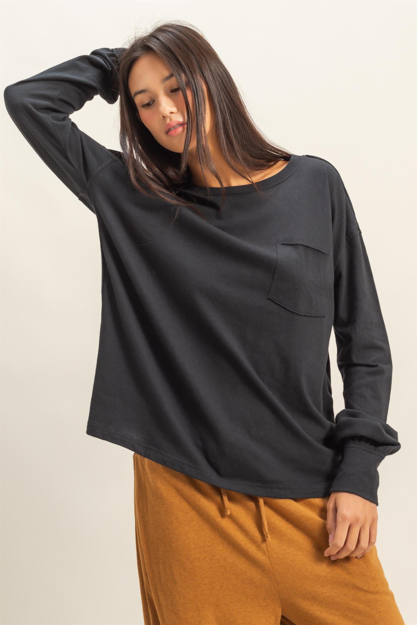Wholesale Long Sleeve Pocket T-Shirt Clothing Tops DZ23G149 BLACK DOUBLE ZERO