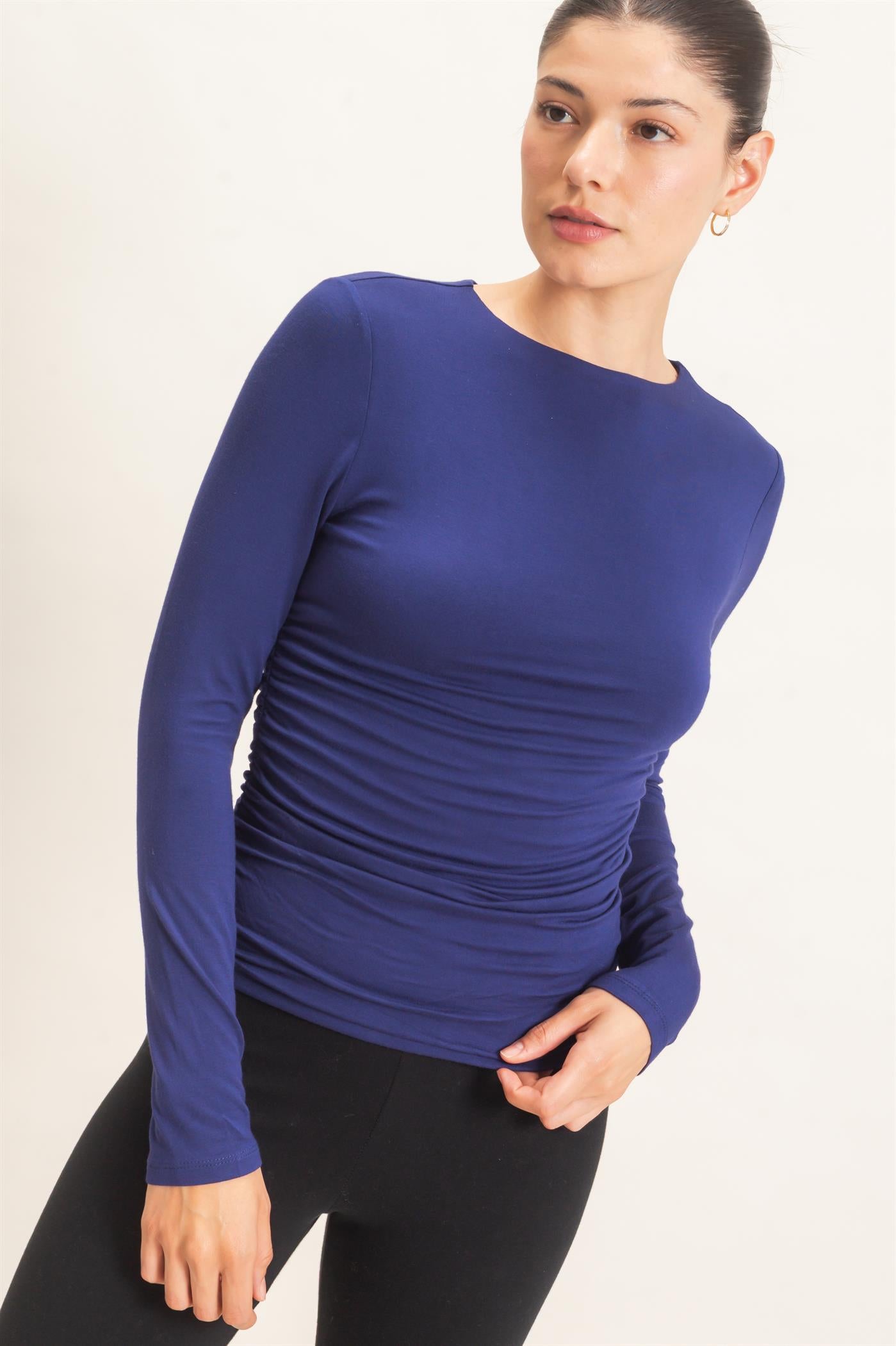 Wholesale Ruched Long Sleeve Top Clothing Tops HF26E776 DEEP BLUE HYFVE