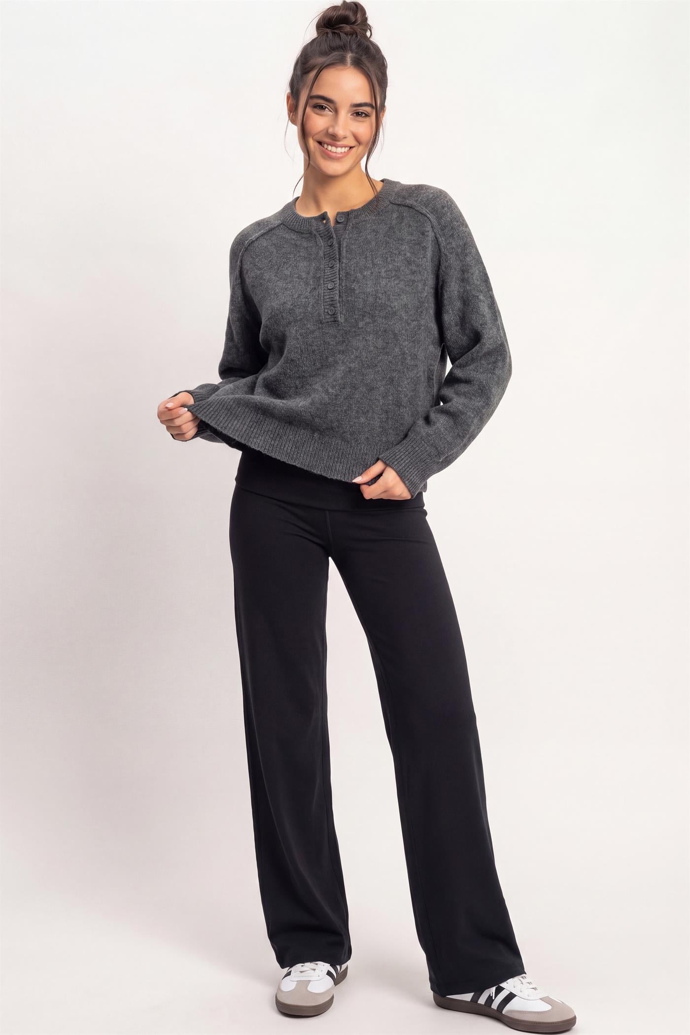 Wholesale Henley Sweater With Reverse Seams Sweaters DZ26F004 CHARCOAL DOUBLE ZERO