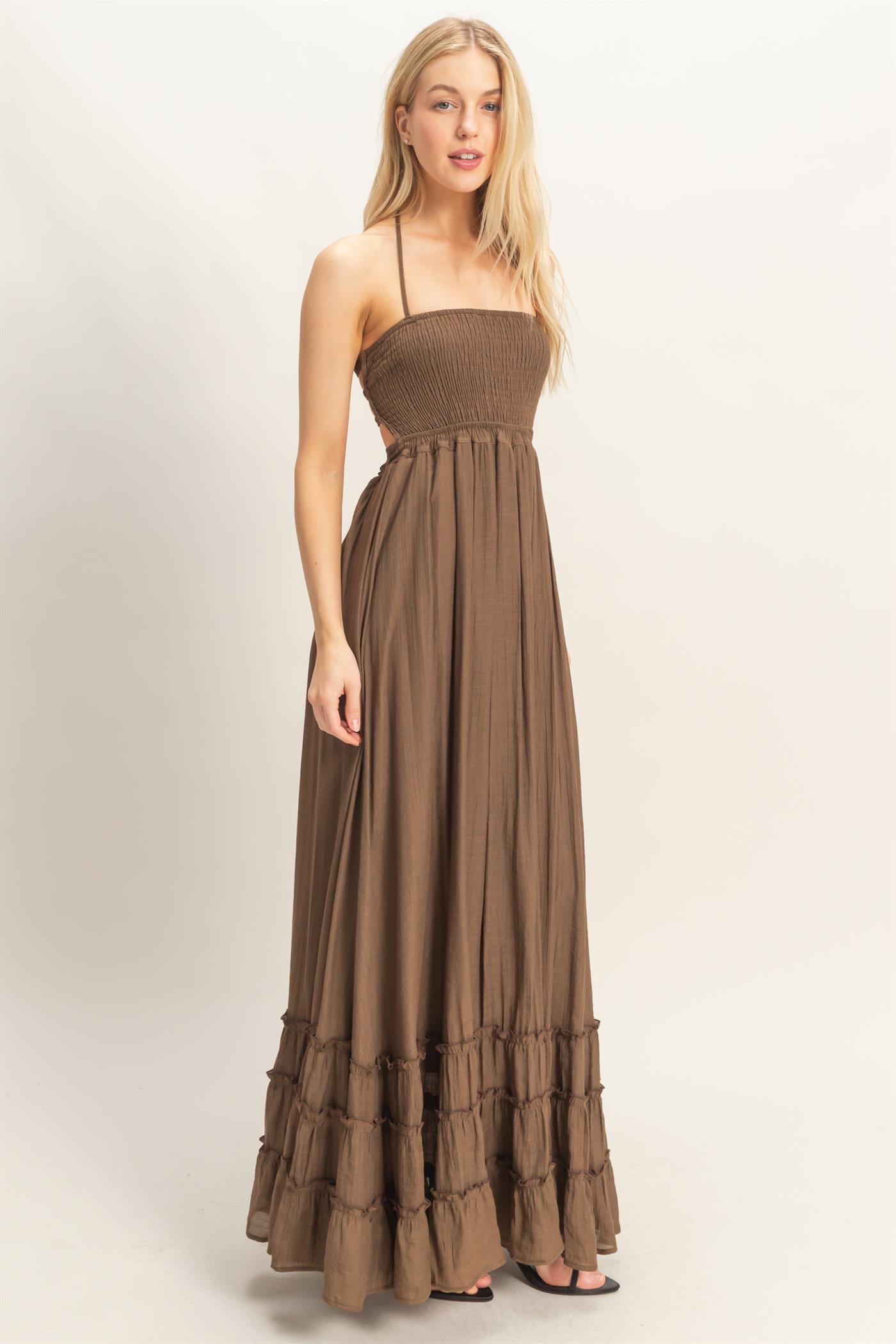 Wholesale Smocked Halter Maxi Dress Dresses HF26C290-D CHOCOLATE HYFVE
