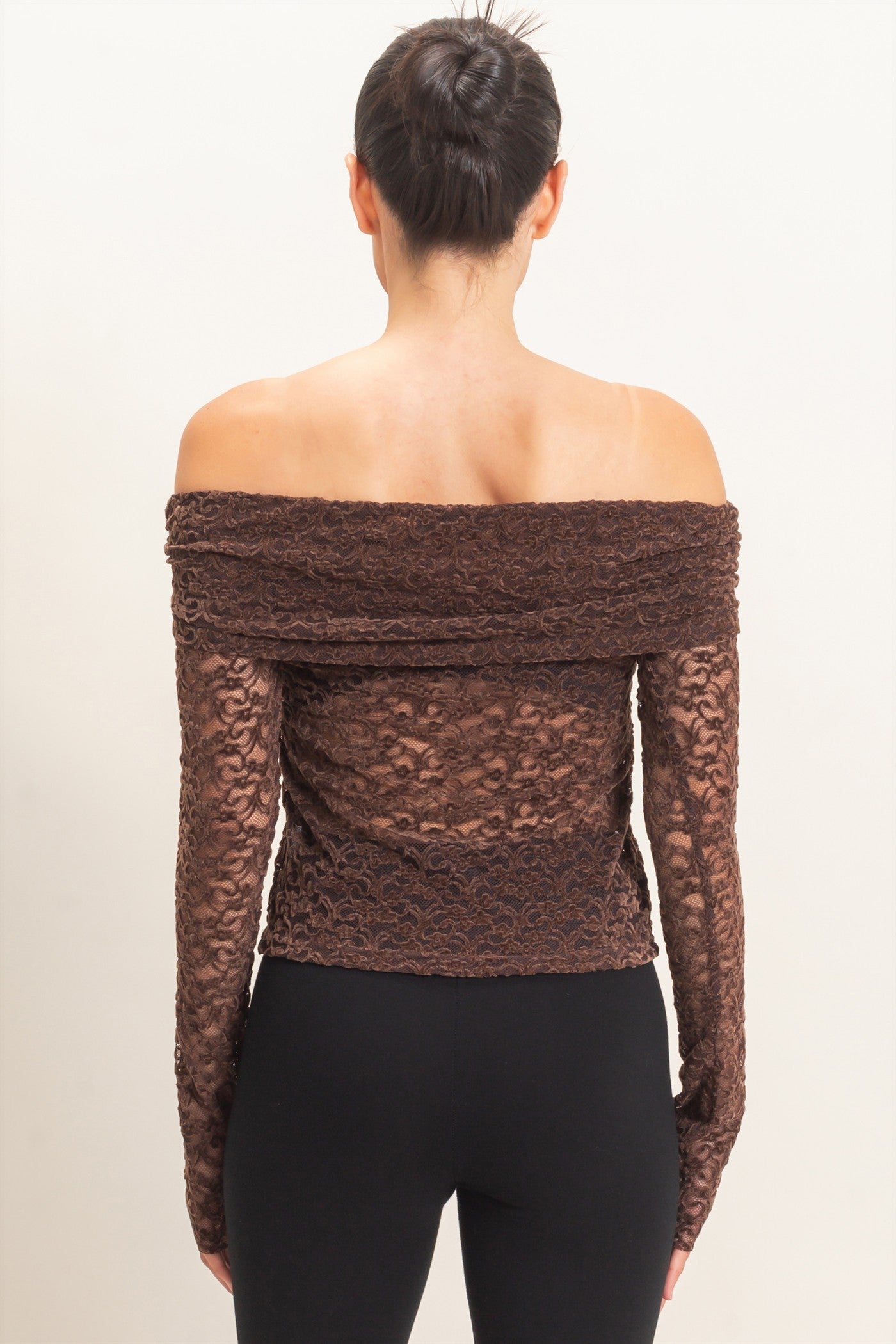 Wholesale Off-Shoulder Lace Top Clothing Tops HF26E407 CHOCOLATE HYFVE