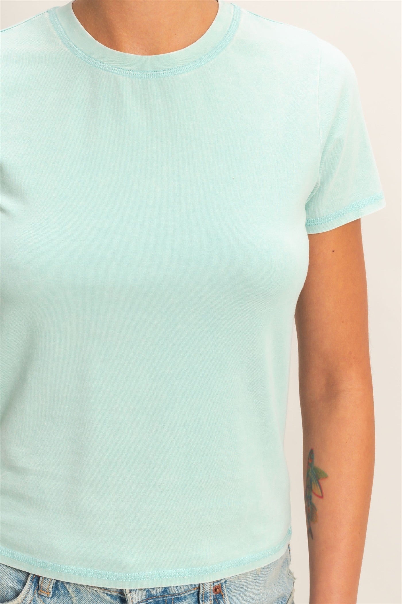Wholesale Mineral Washed Short Sleeve Crew Neck Top T-Shirts DZ26A743 TURQUOISE DOUBLE ZERO