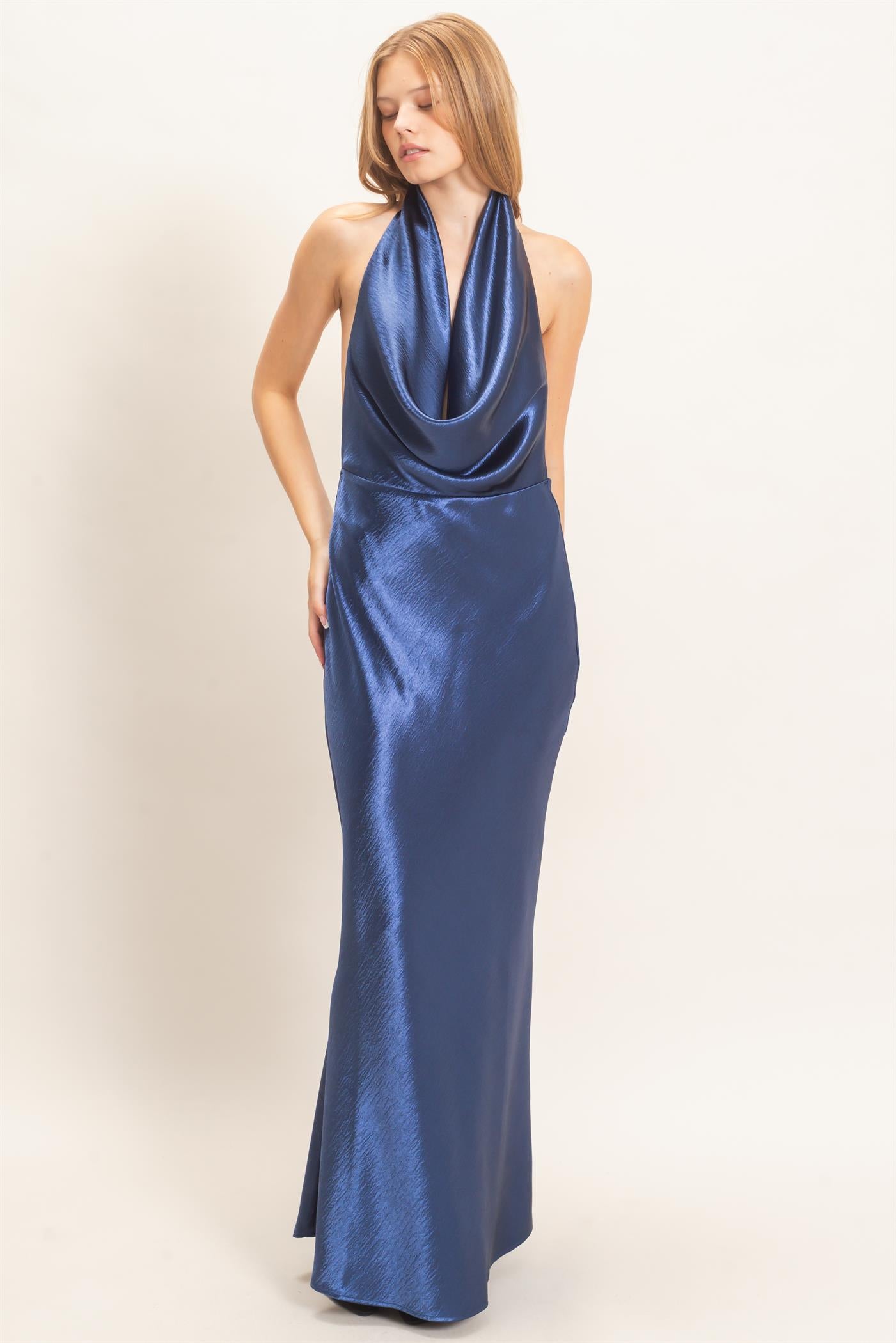 Wholesale Satin Cowl Neck Maxi Dress Dresses HF26F216-D NAVY HYFVE
