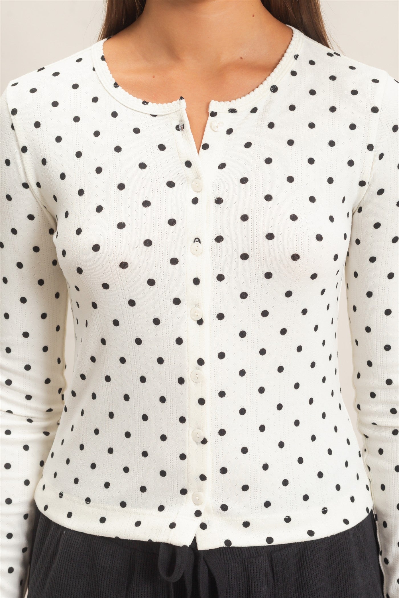Wholesale Polka Dot Button Front Long Sleeve Top Clothing Tops DZ27A156 CREAM DOUBLE ZERO