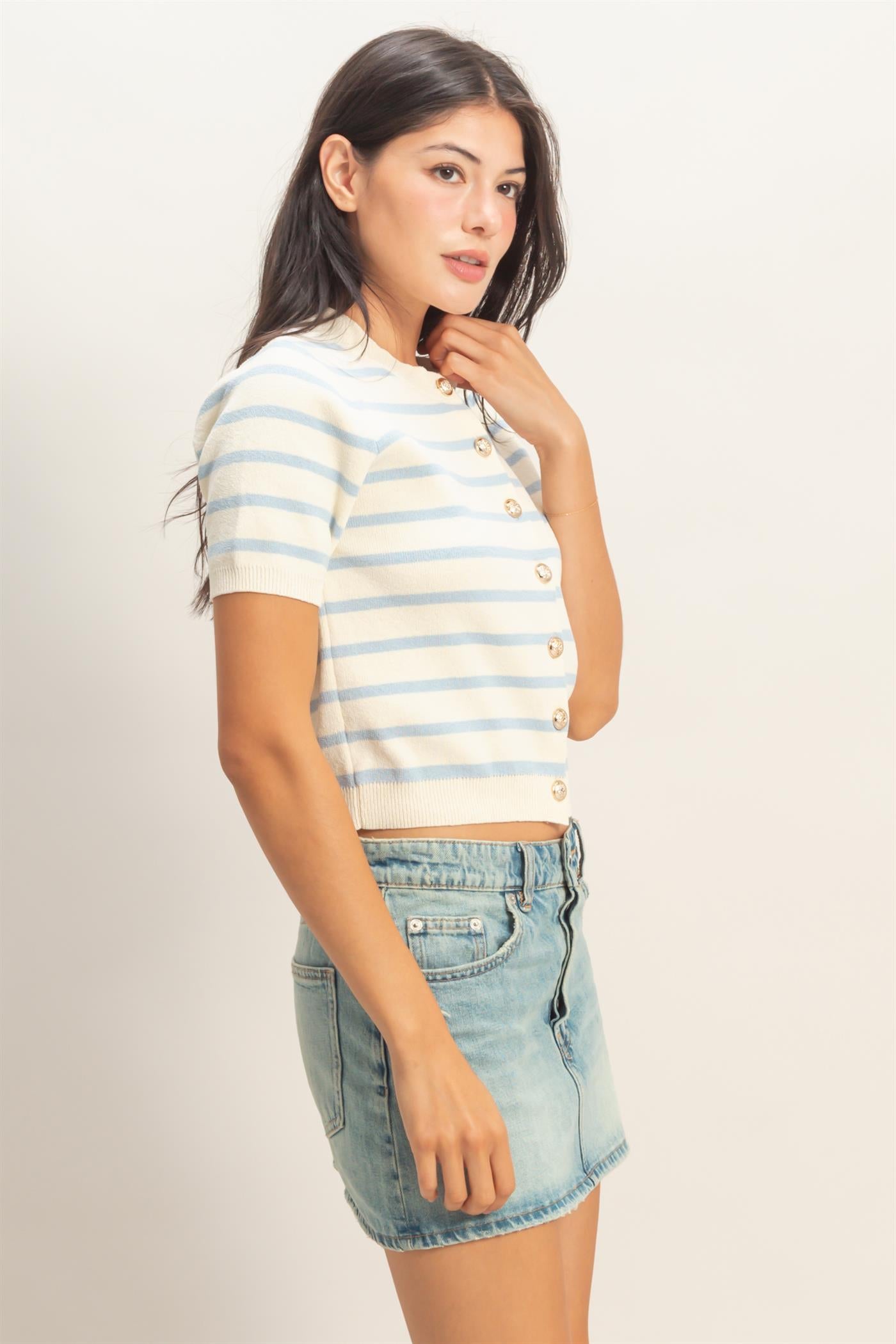 Wholesale Striped Short Sleeve Button Up Cardigan Cardigans DZ26A604 ICE BLUE DOUBLE ZERO