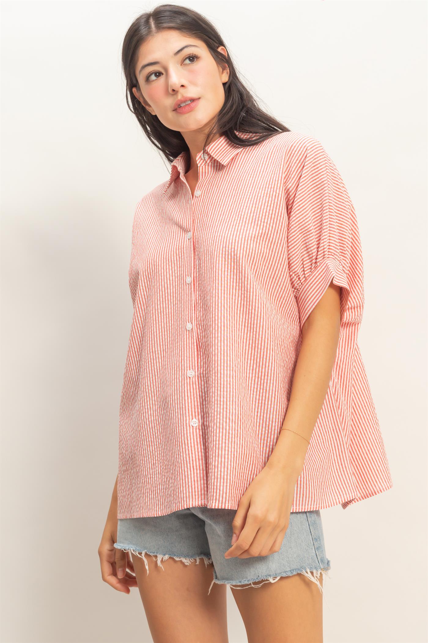 Wholesale Striped Short Sleeve Button-Front Blouse T-Shirts DZ26C276 RED DOUBLE ZERO