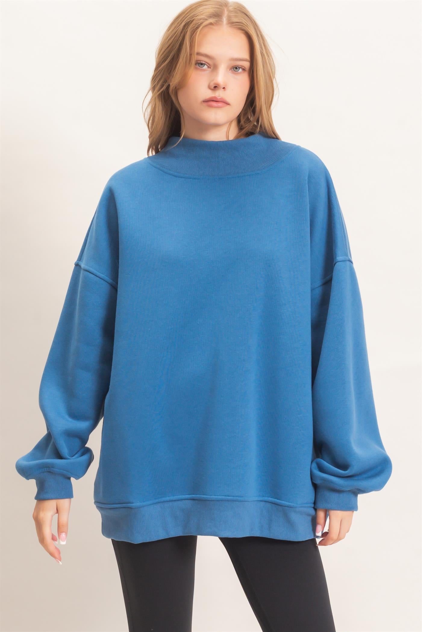 Wholesale Enzyme Washed Mock Neck Sweatshirt Sweatshirts HF26E222 COBALT BLUE HYFVE