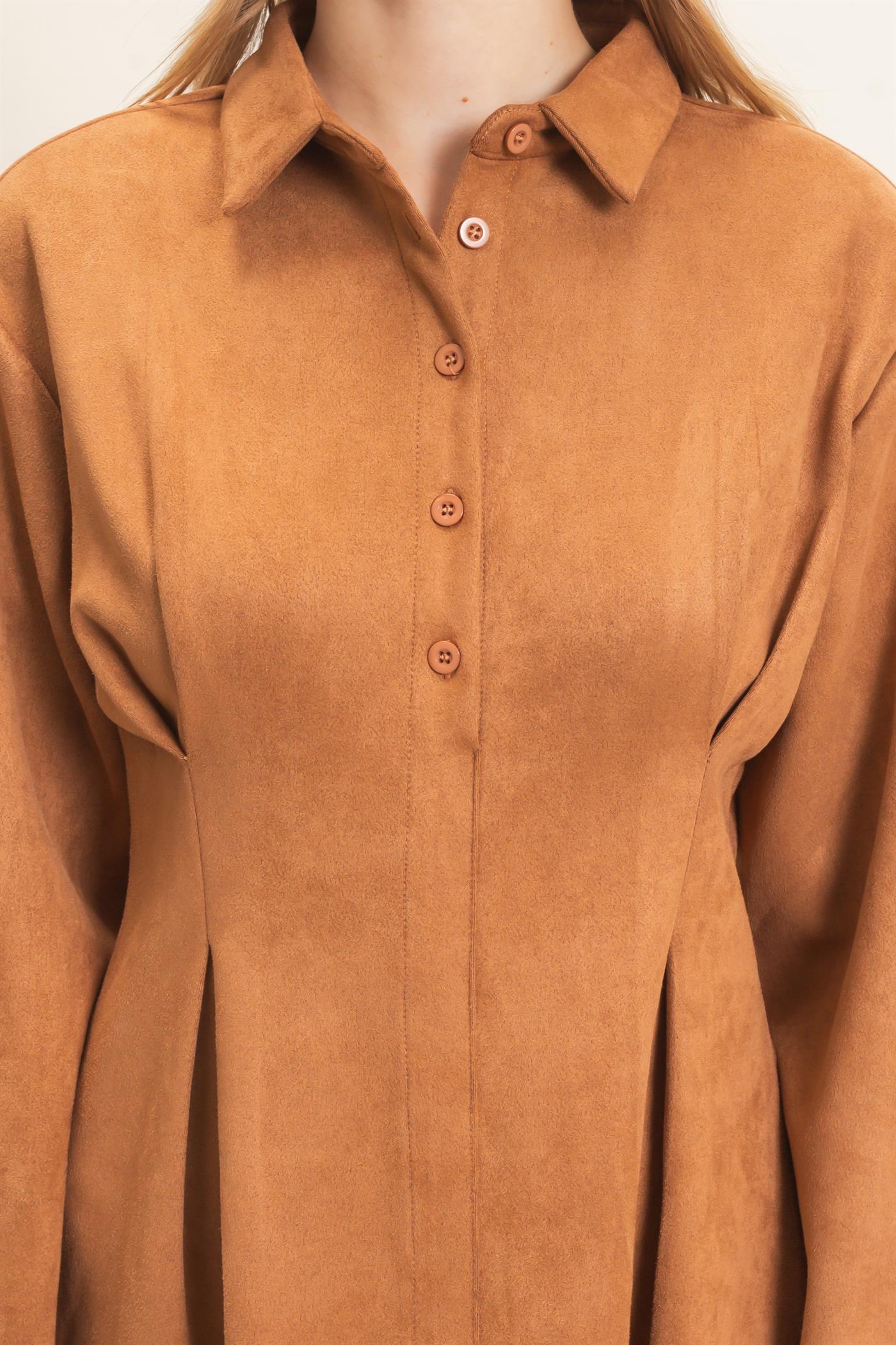 Wholesale Faux Suede Long Sleeve Shirtdress Dresses HF26F063 CAMEL HYFVE