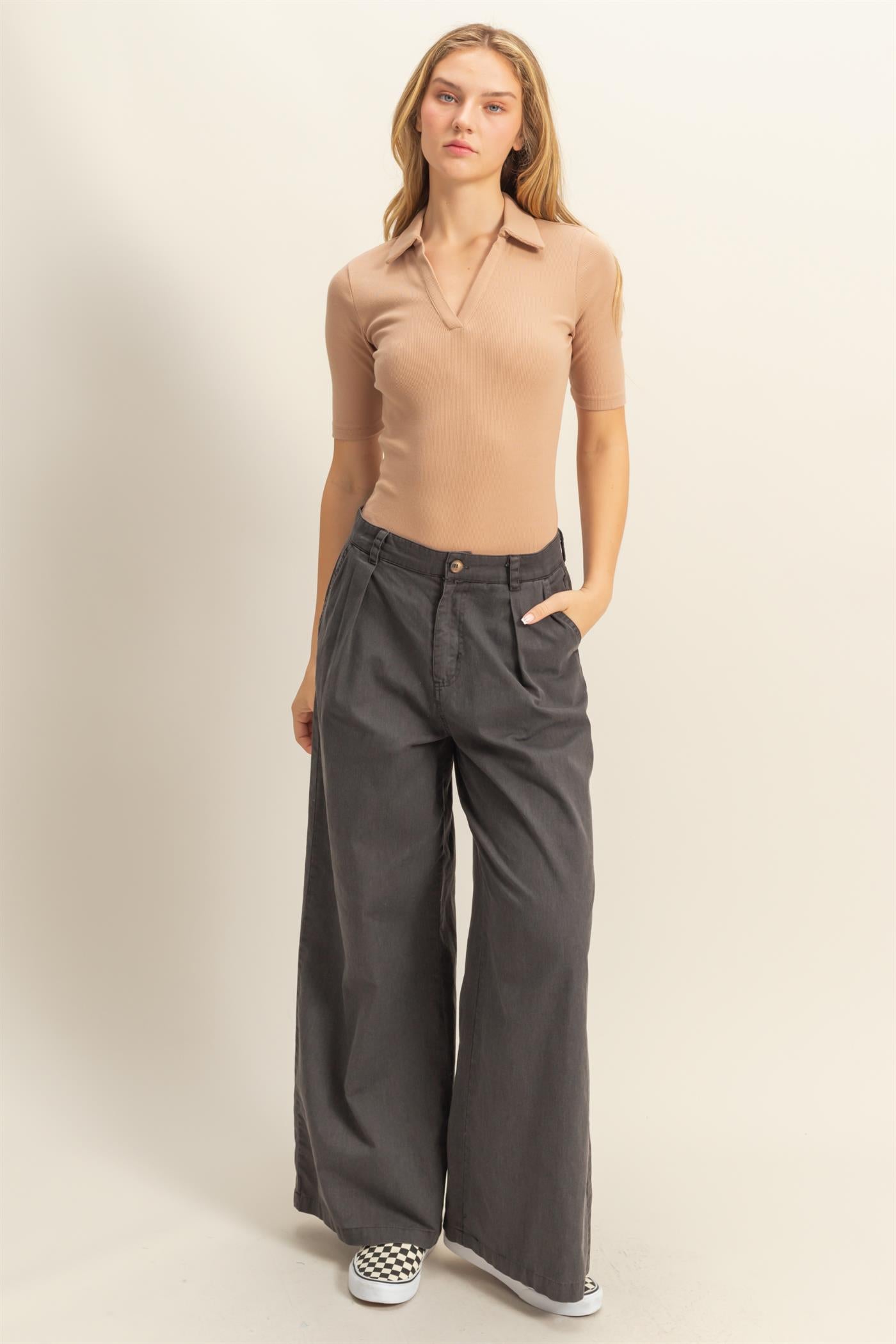 Wholesale Polo Neck Short Sleeve Bodysuit Bodysuits DZ25A777 DARK TAUPE DOUBLE ZERO