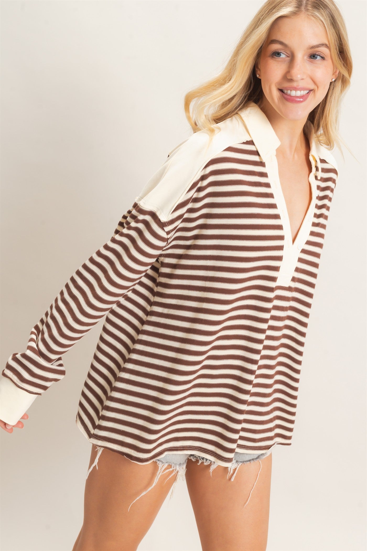 Wholesale Striped Henley Sweatshirt Clothing Tops HF26F089 CHESTNUT HYFVE
