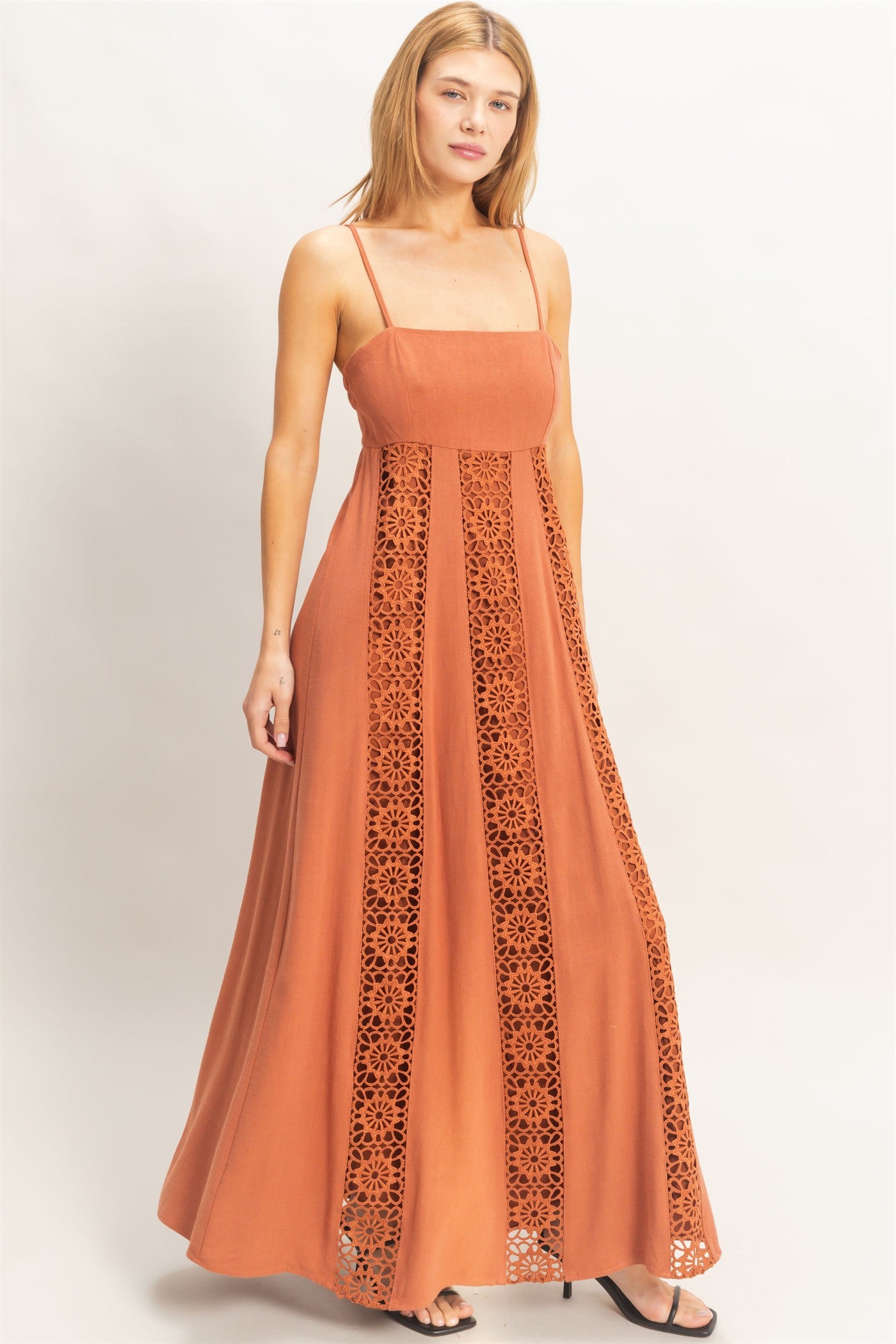 Wholesale Woven Lace Trim Maxi Dress Dresses HF26A498 TERACOTTA HYFVE