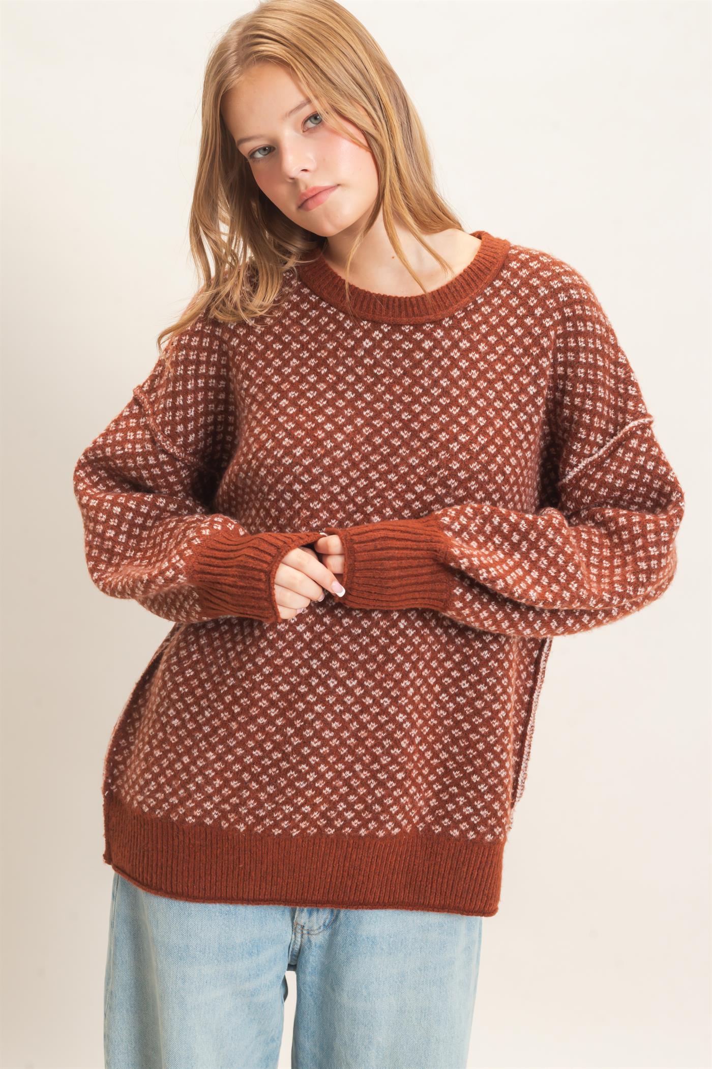 Wholesale Diamond Jacquard Knit Sweater Sweaters HF26E891 BROWN GINGER HYFVE
