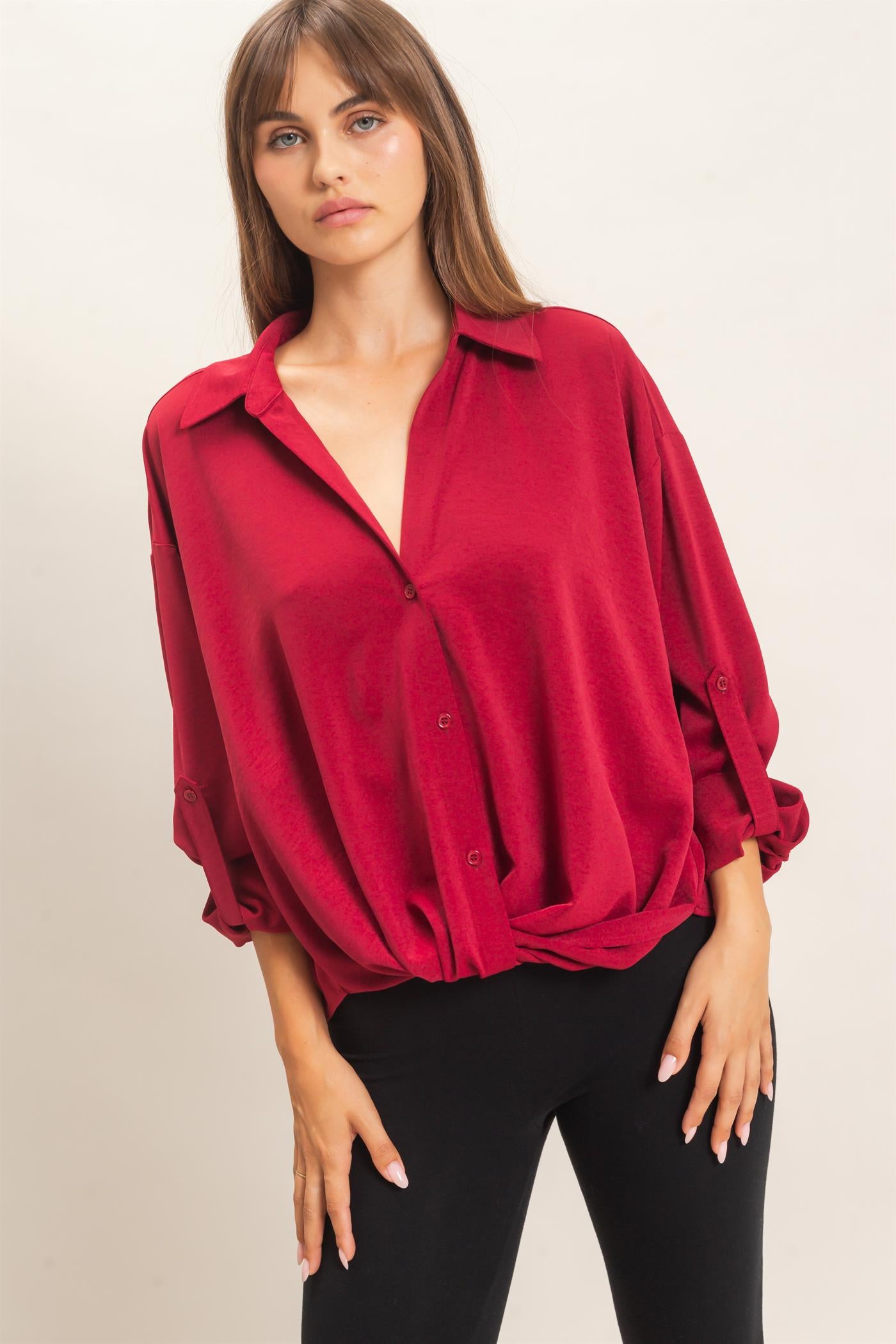 Wholesale Button-Up Dolman Sleeve Top Shirts HF26F070 BURGUNDY HYFVE