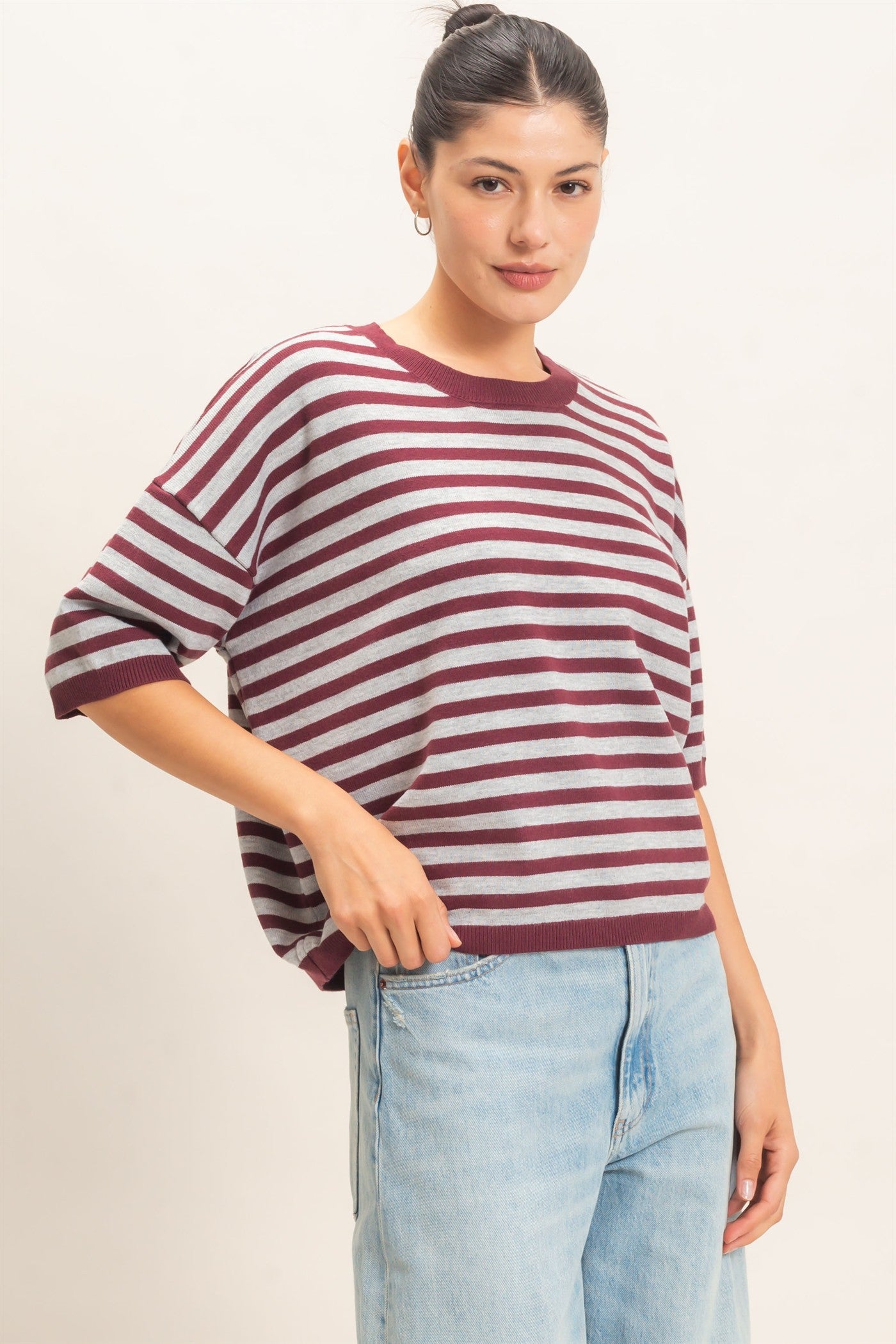Wholesale Striped Crew Neck Sweater Sweaters HF26E234 WINE HYFVE
