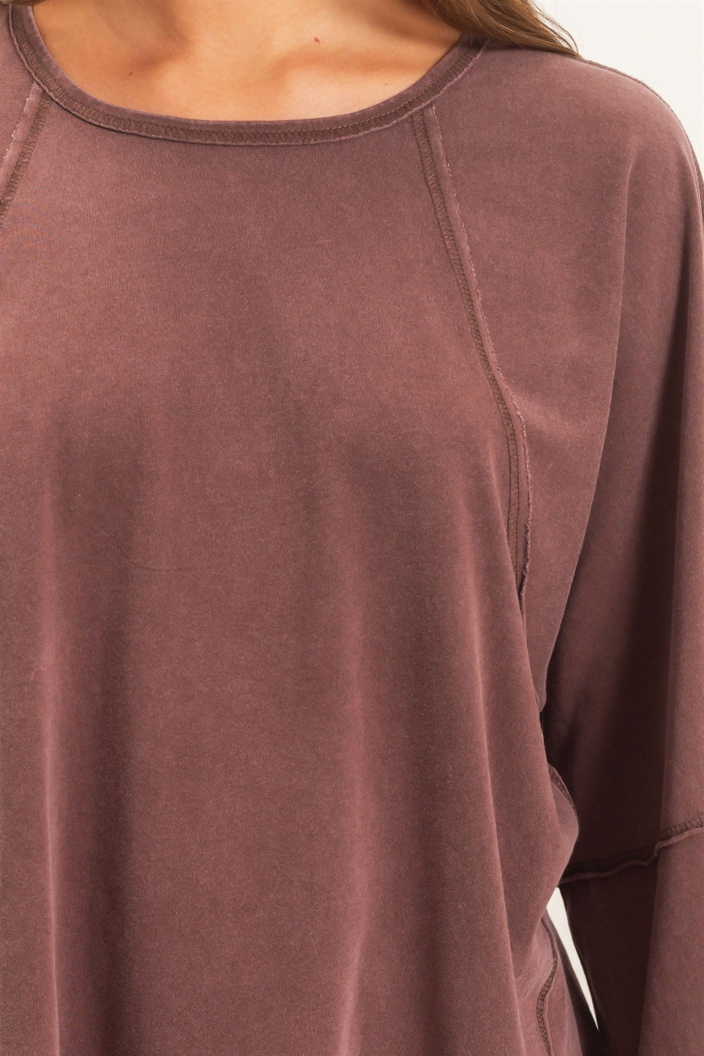 Wholesale Raglan Sleeve Snow Wash Top Shirts DZ26E945 DARK BROWN DOUBLE ZERO