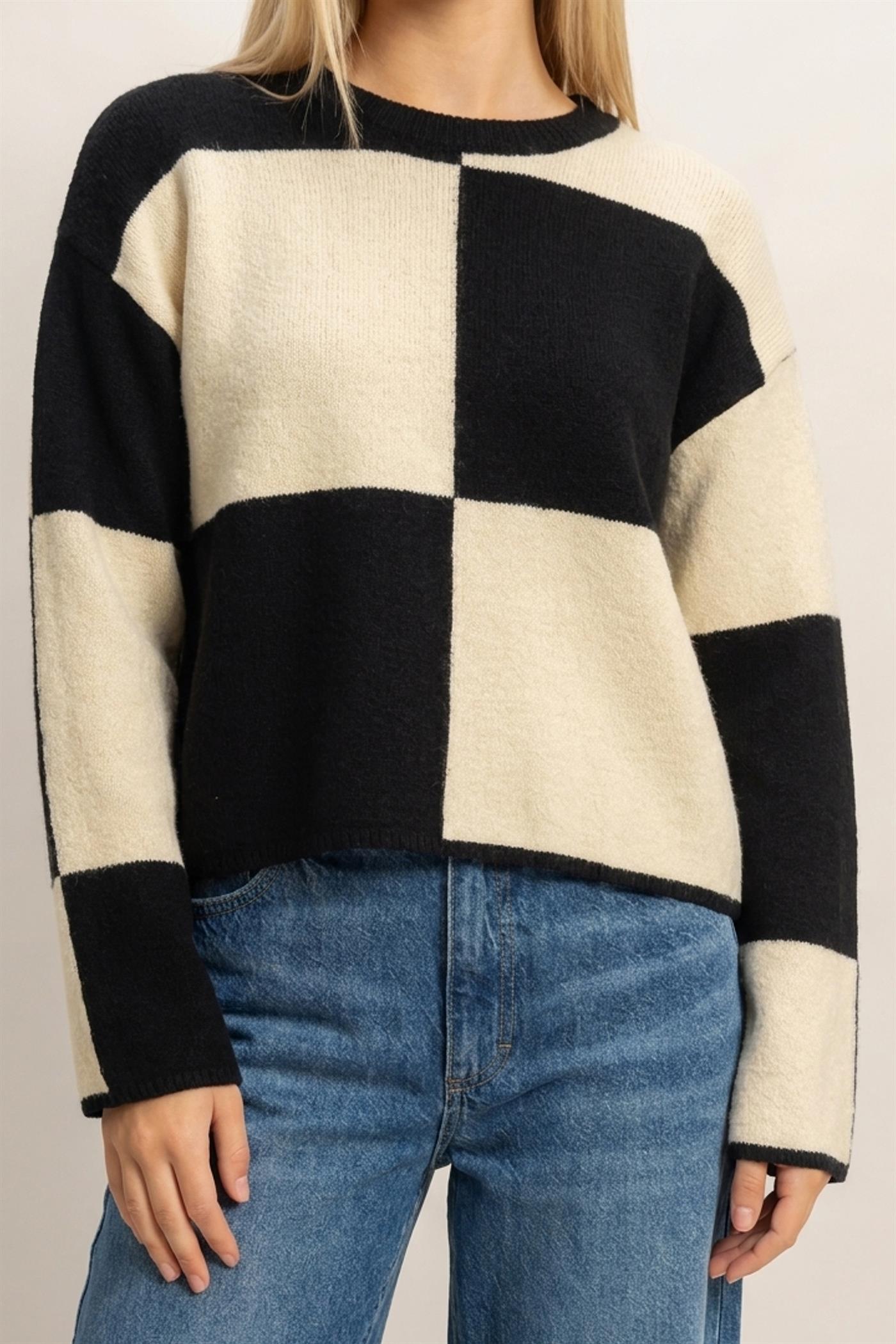 Wholesale Crew Neck Checkered Sweater Sweaters DZ26C980 BLACK DOUBLE ZERO
