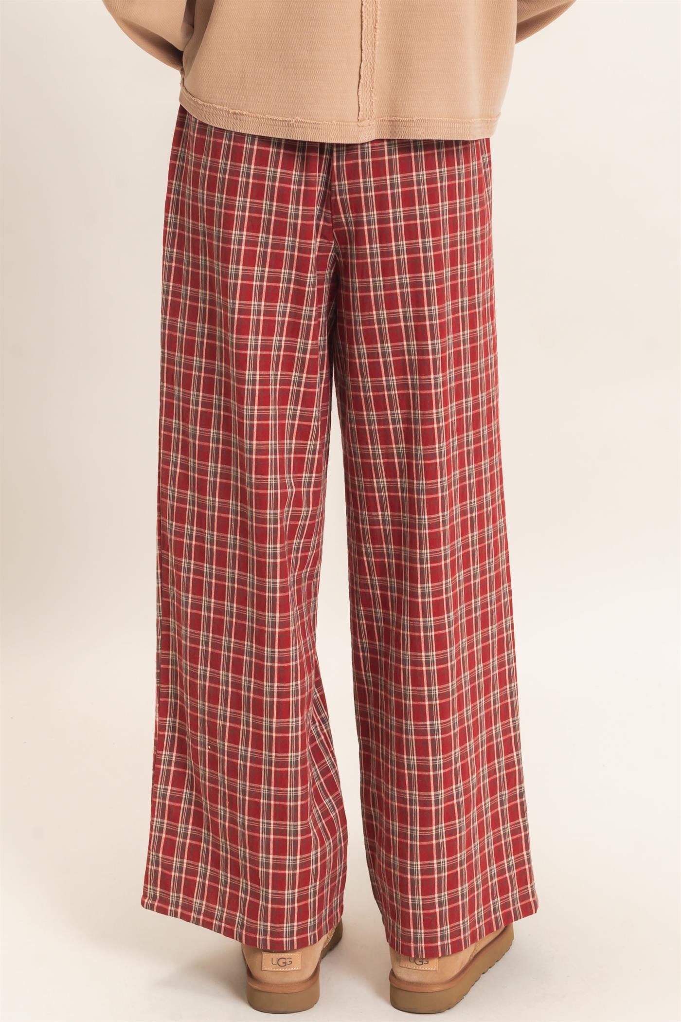 Wholesale Elastic Waist Plaid Pants Pants DZ26E375 DARK RED DOUBLE ZERO