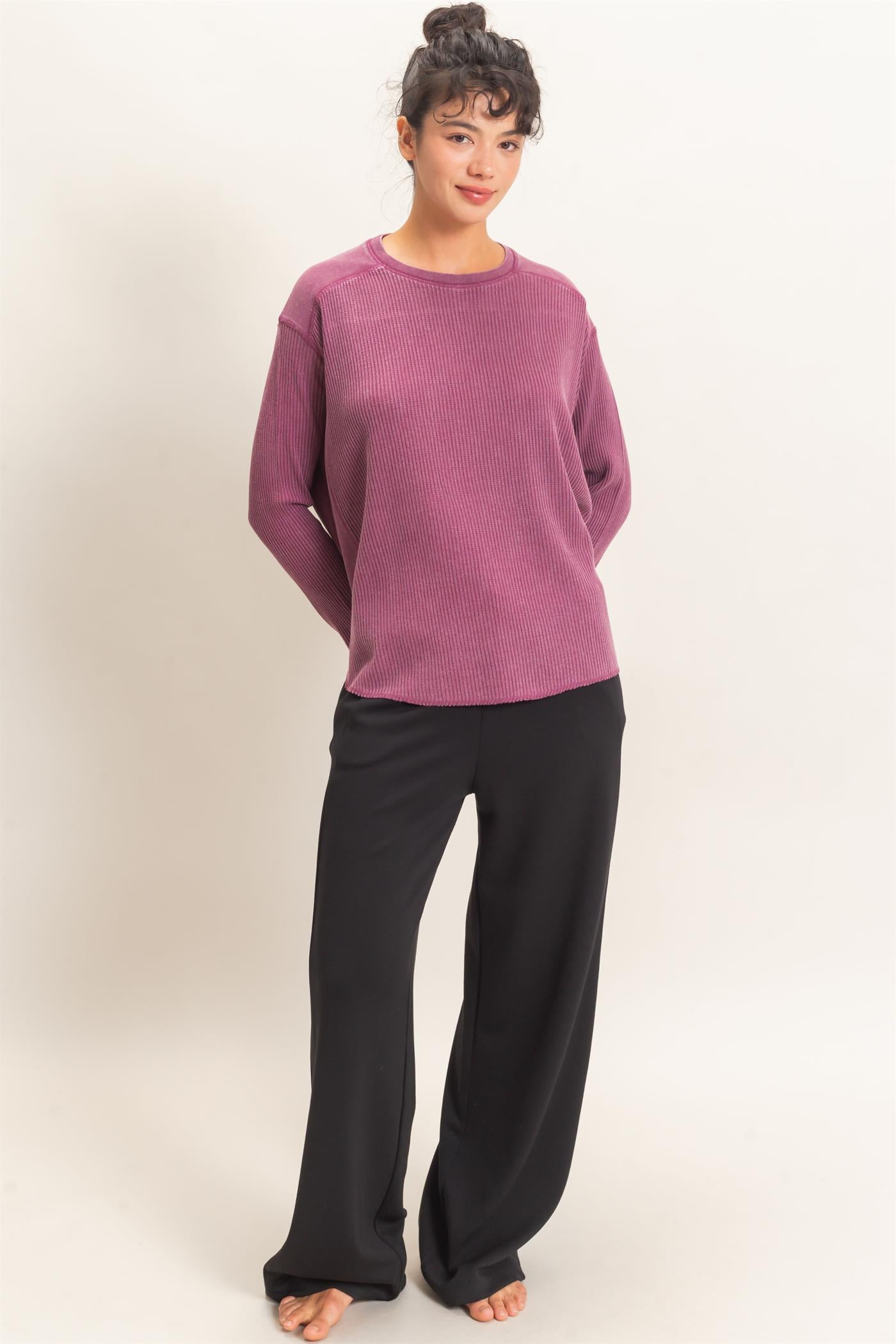 Wholesale Oversized Mineral Washed Waffle Knit Top Clothing Tops DZ26E654 DARK CHERRY DOUBLE ZERO