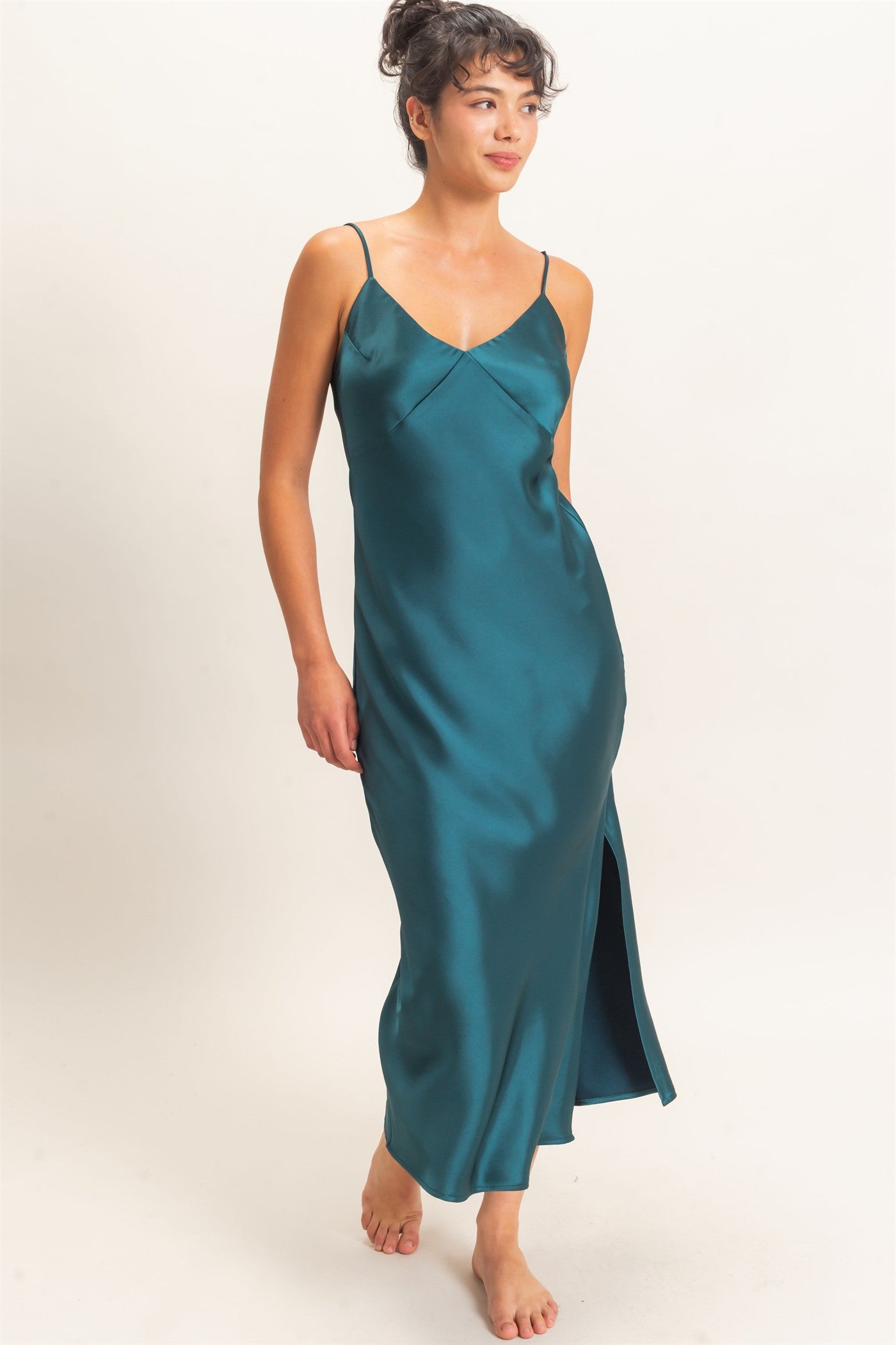 Wholesale Satin V-Neck Slip Dress Dresses DZ26E262 DARK TEAL DOUBLE ZERO