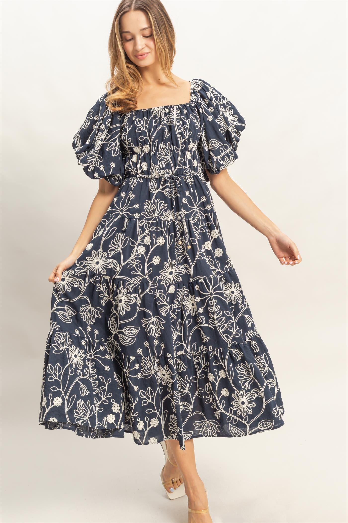 Wholesale Floral Puff Sleeve Midi Dress Dresses HF26C777-D NAVY HYFVE