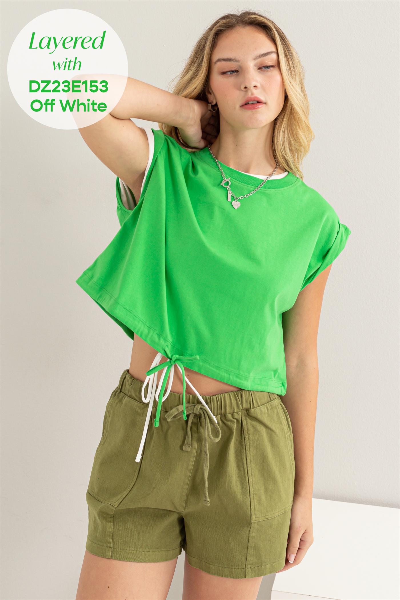 Wholesale Drawstring Hem Crop Top Clothing Tops DZ23E153 GREEN DOUBLE ZERO