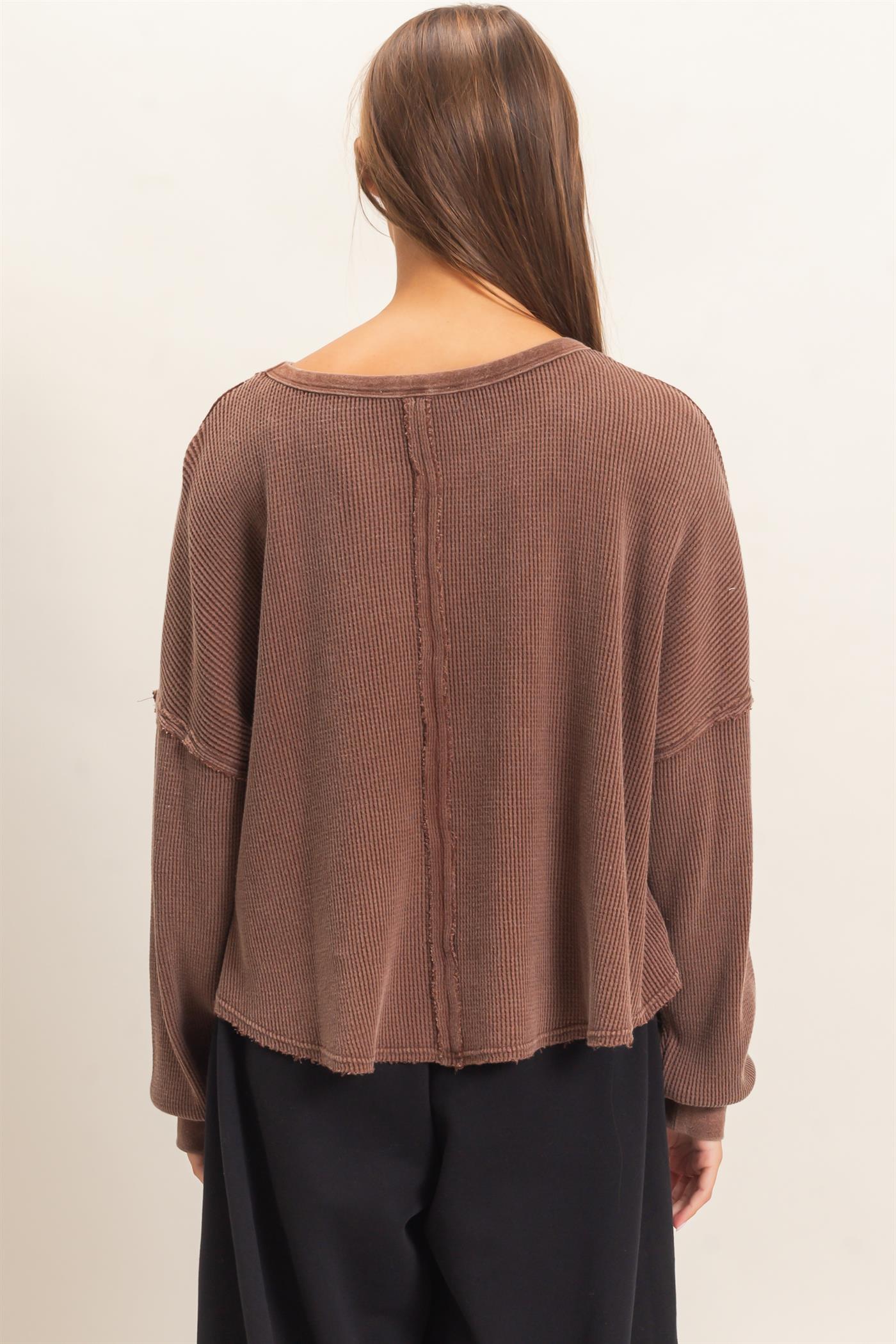 Wholesale Mineral Wash Waffle Oversized Top Clothing Tops DZ26E248 DARK BROWN DOUBLE ZERO