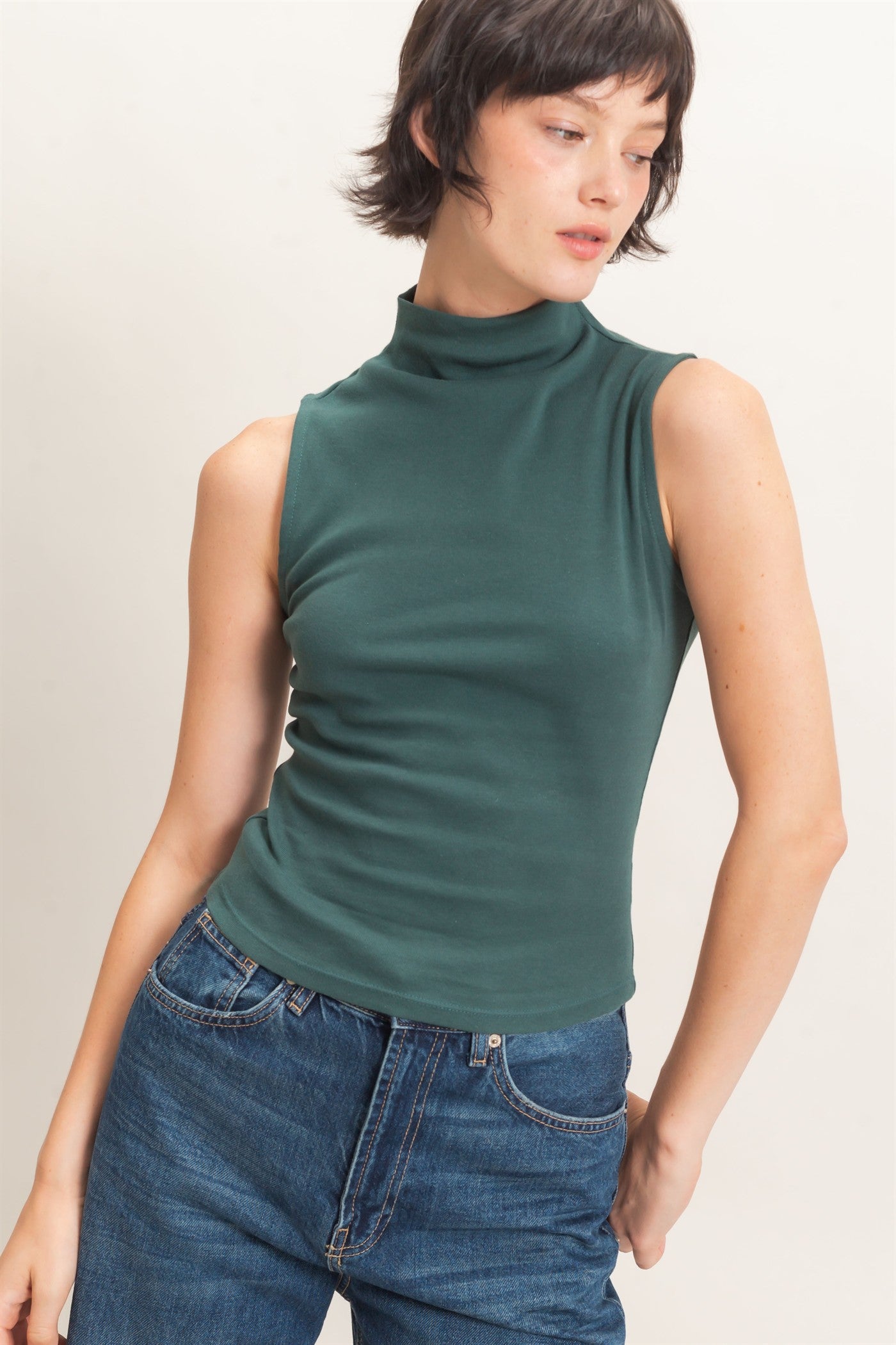 Wholesale Sleeveless Mock Neck Top Clothing Tops DZ26E397 DARK GREEN DOUBLE ZERO