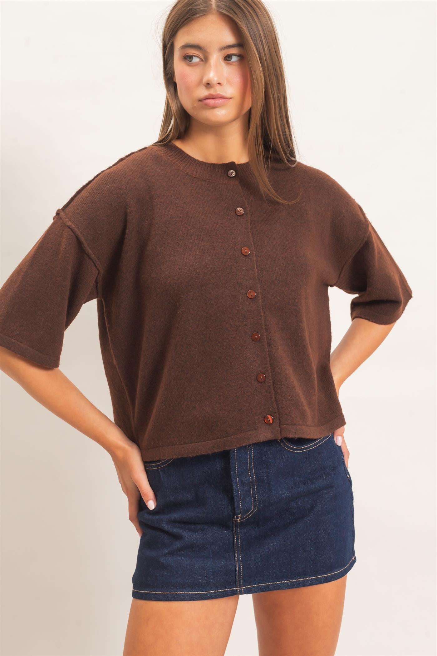 Wholesale Drop Shoulder Short Sleeve Cardigan Cardigans DZ26E238 DARK BROWN DOUBLE ZERO