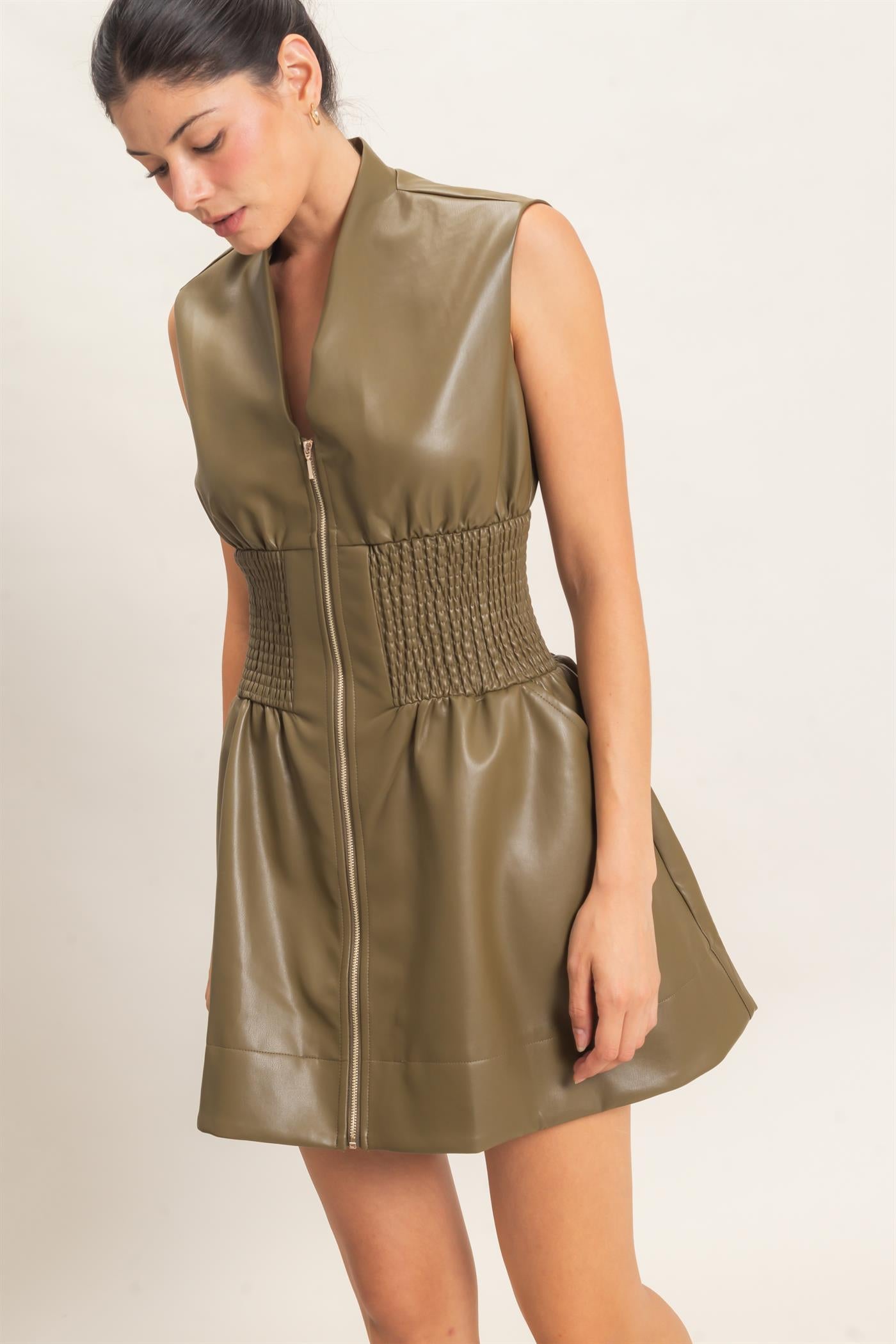Wholesale Faux Leather Zip Front Dress Dresses HF26E364 DARK OLIVE HYFVE