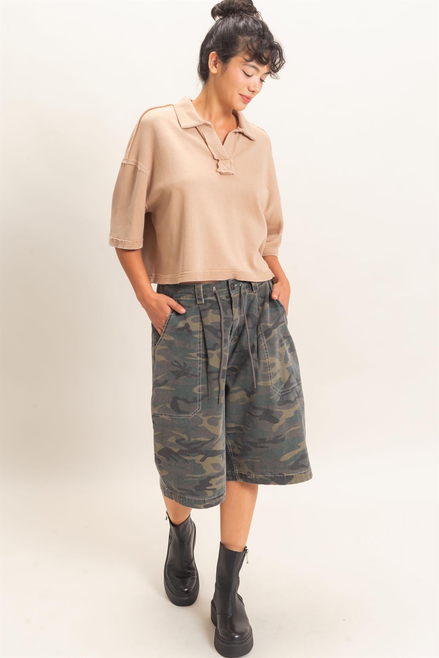 Wholesale Mineral Wash Oversized Collar Short Sleeve Top Clothing Tops DZ26E813 DARK TAUPE DOUBLE ZERO