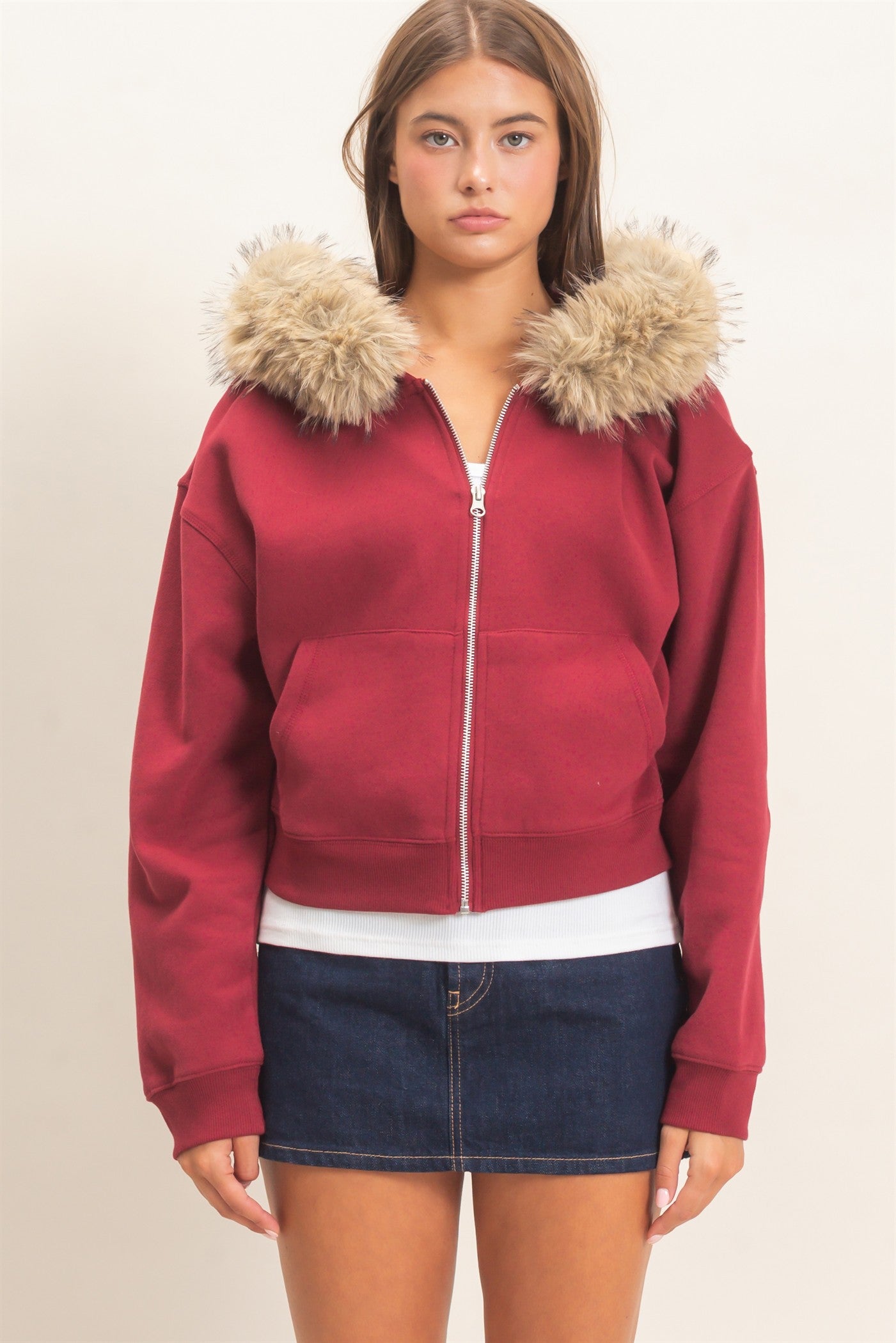 Wholesale Detachable Fur Zip Up Hoodie Hoodies DZ26F396 BURGUNDY DOUBLE ZERO