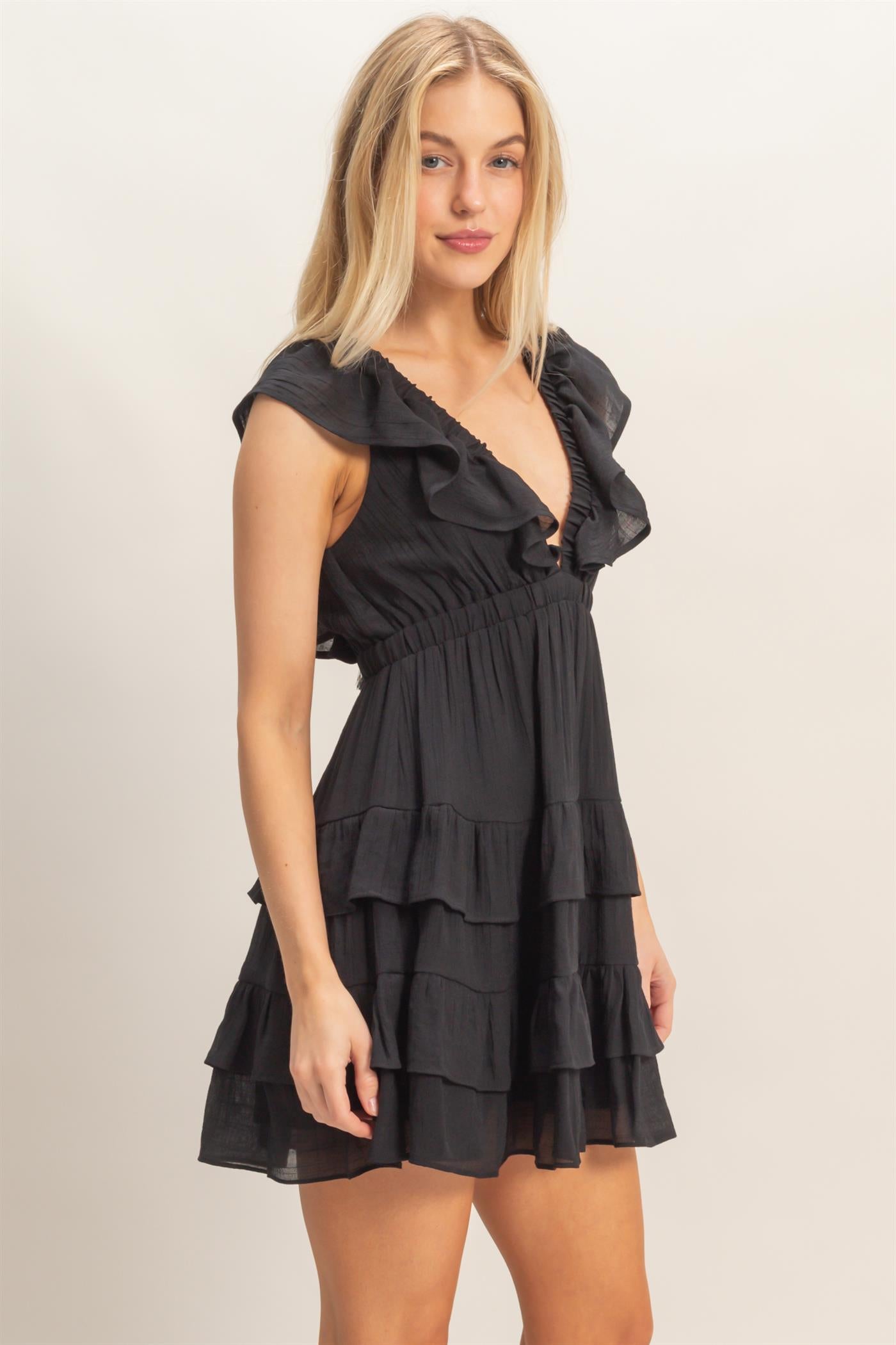 Wholesale Ruffle V-Neck Tiered Mini Dress Dresses HF26C283-D BLACK DOUBLE ZERO