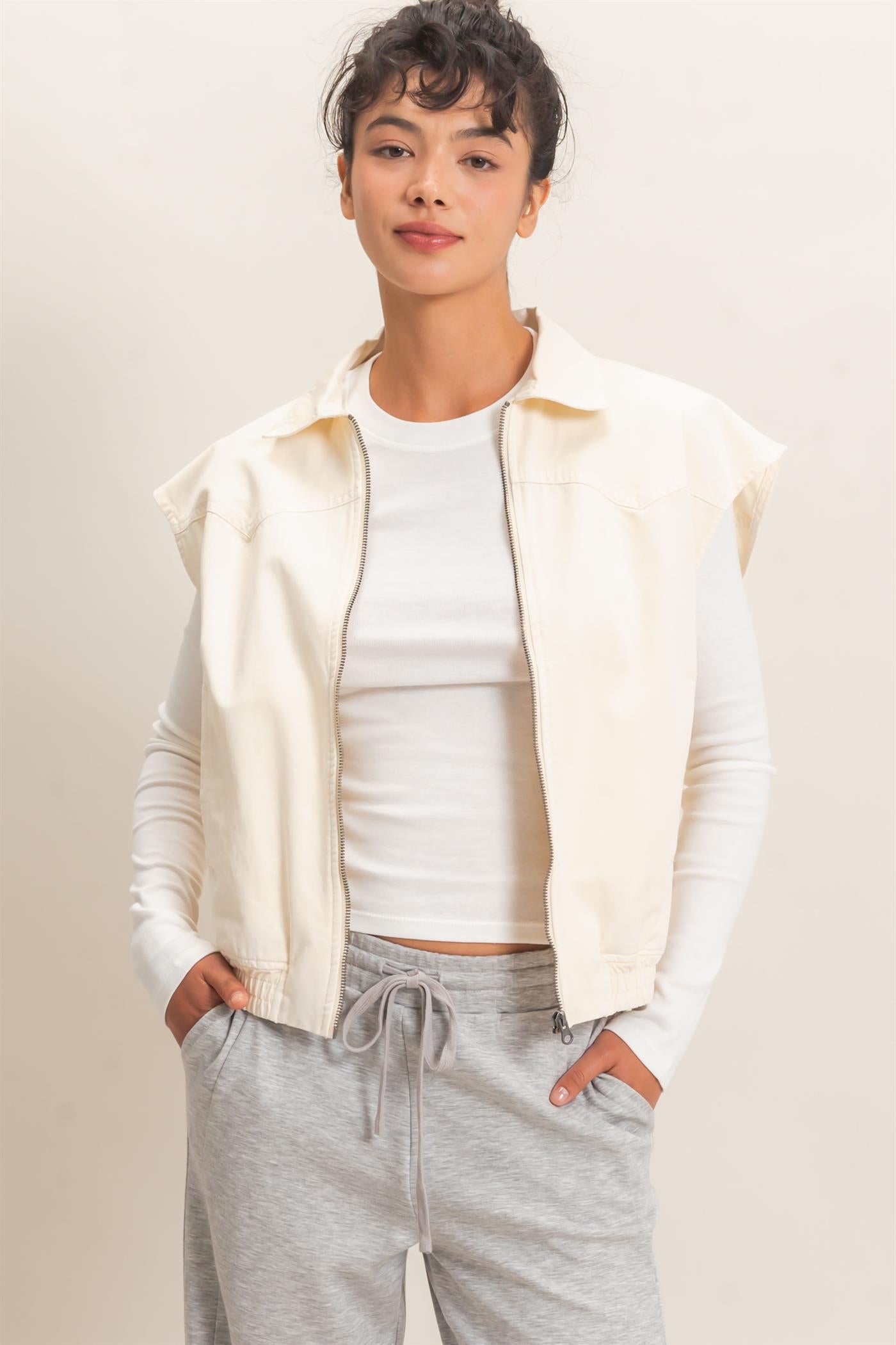 Wholesale Mineral Wash Sleeveless Zip-Up Collar Vest Vests DZ26E392 IVORY DOUBLE ZERO